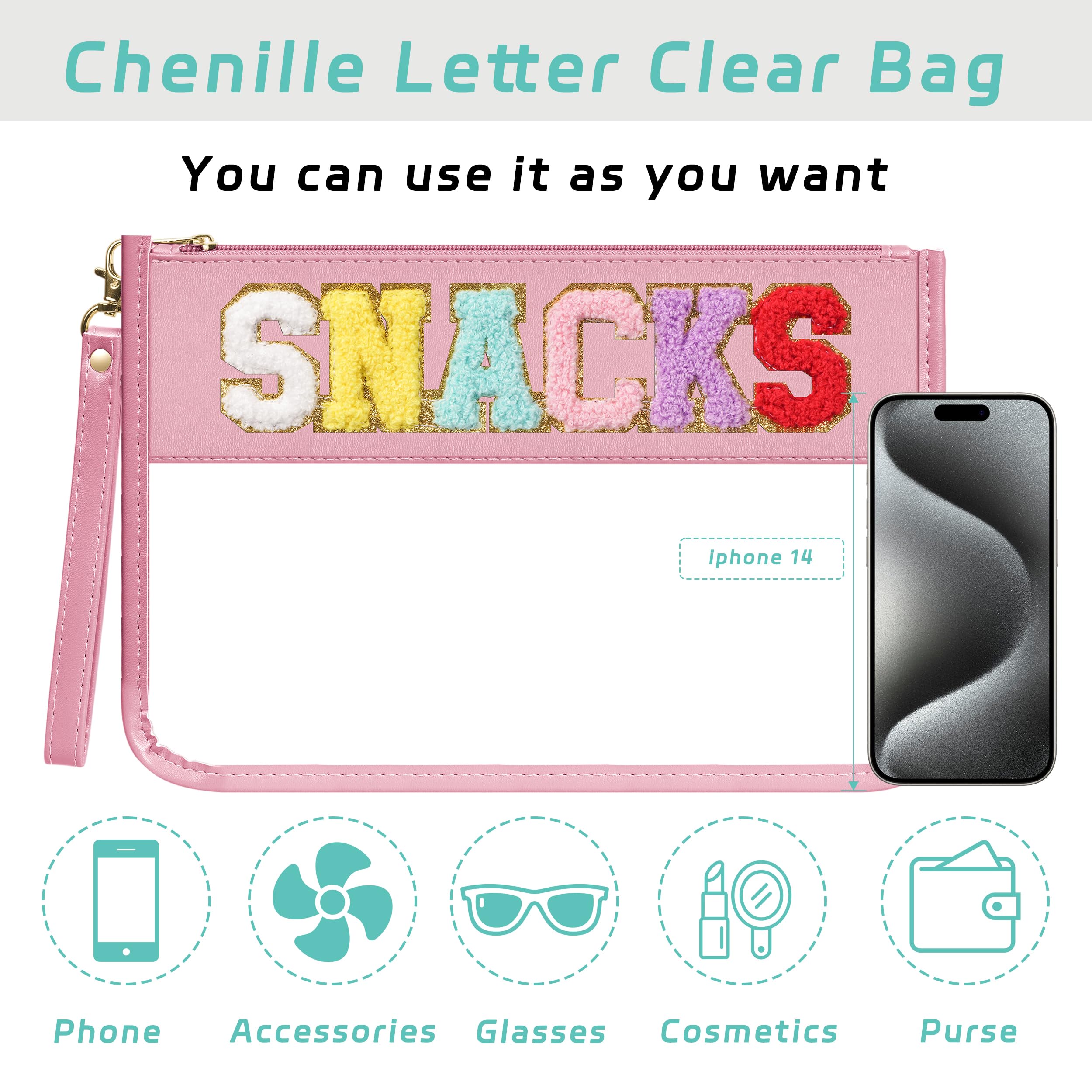 Chenille Letter Clear Zipper Pouch for Travel - Waterproof PVC Cosmetic & Snack Storage Bag for Women & Girls | Makeup Organizer, Toiletry Case, School Supplies Holder (Pink-Snacks) - Perfect for Travel, Gym, Beach & Daily Use