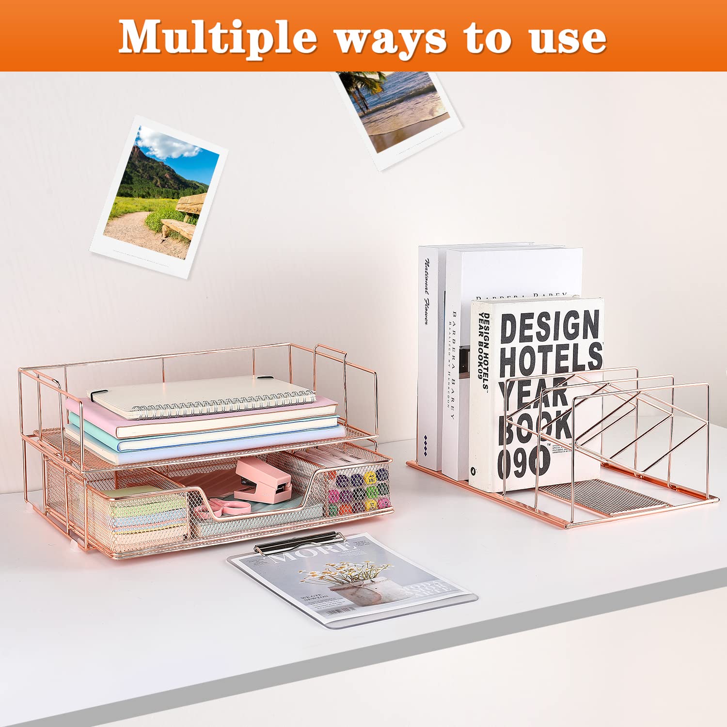 Gianotter Rose Gold Desk Organizer with Sliding Drawer, Double Tray & 5 Upright Sections - Office Supplies & File Sorter for Home, Office, or Workspace Organization
