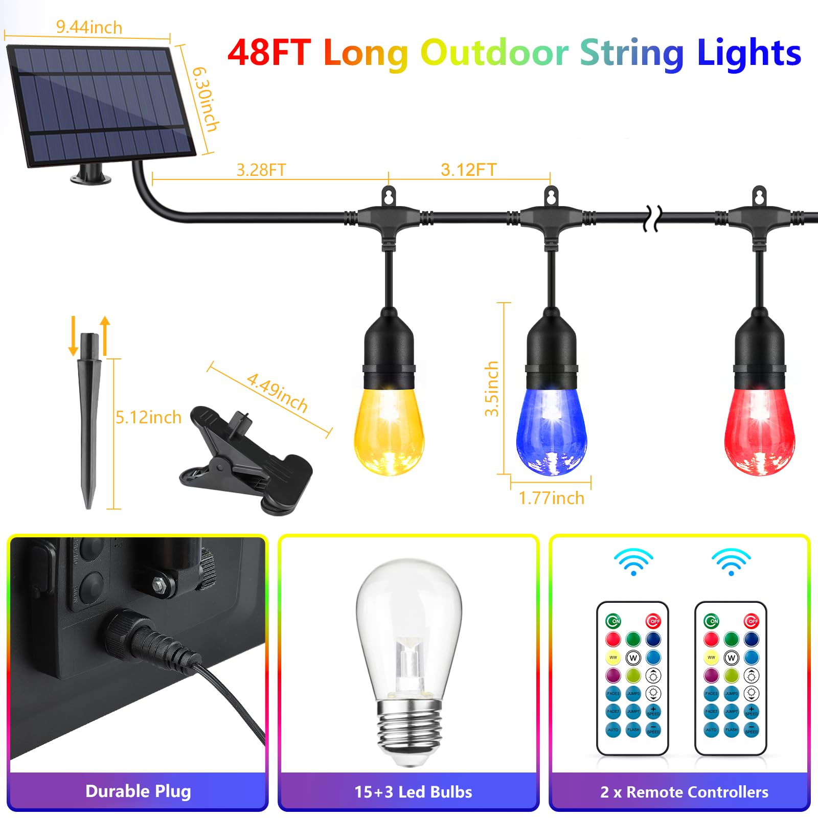 48FT Solar Outdoor RGB String Lights - Dimmable Waterproof Patio Lights with Shatterproof Bulbs & Remote Control | Perfect for Backyard, Garden, Wedding, Party, and Commercial Decor