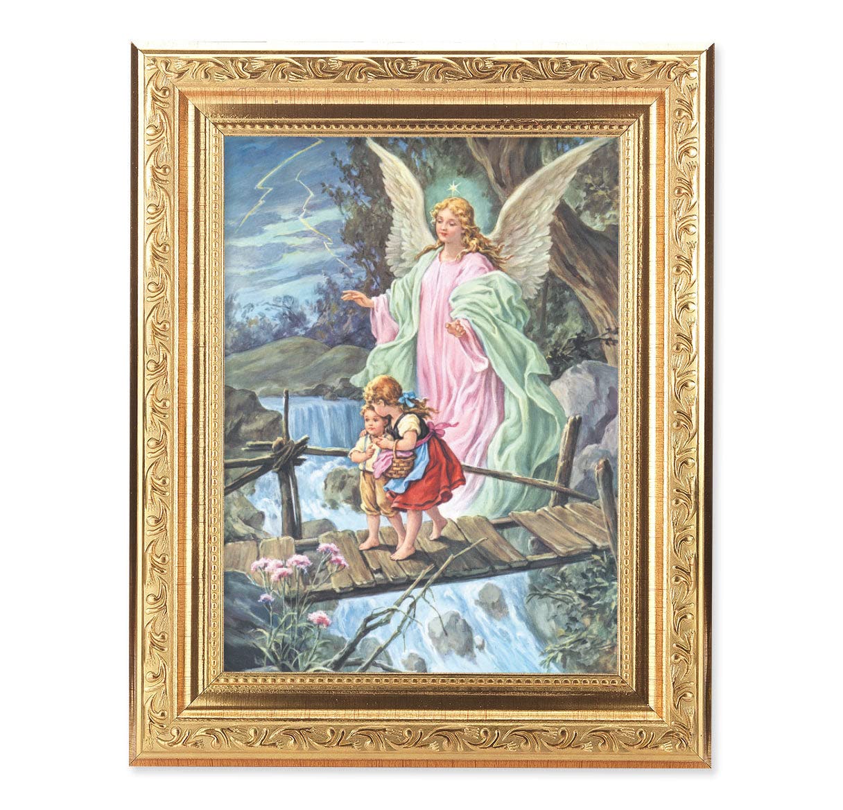 Guardian Angel Wall Art Decor - Gold Leaf Antique Framed Picture with Acanthus Leaf Detail for Home, Office & Gift | Religious Decor, Spiritual Décor, Christian Wall Art