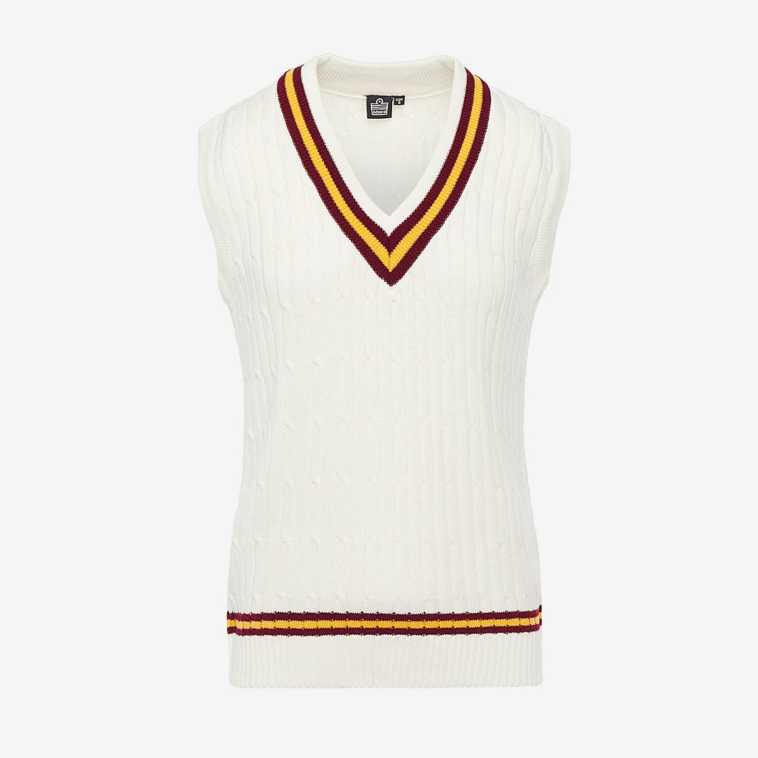 Cable Knit Cricket Slipover Sweater - White, Maroon & Gold Colors - Perfect for Cricket Matches, Casual Wear & Winter Layering