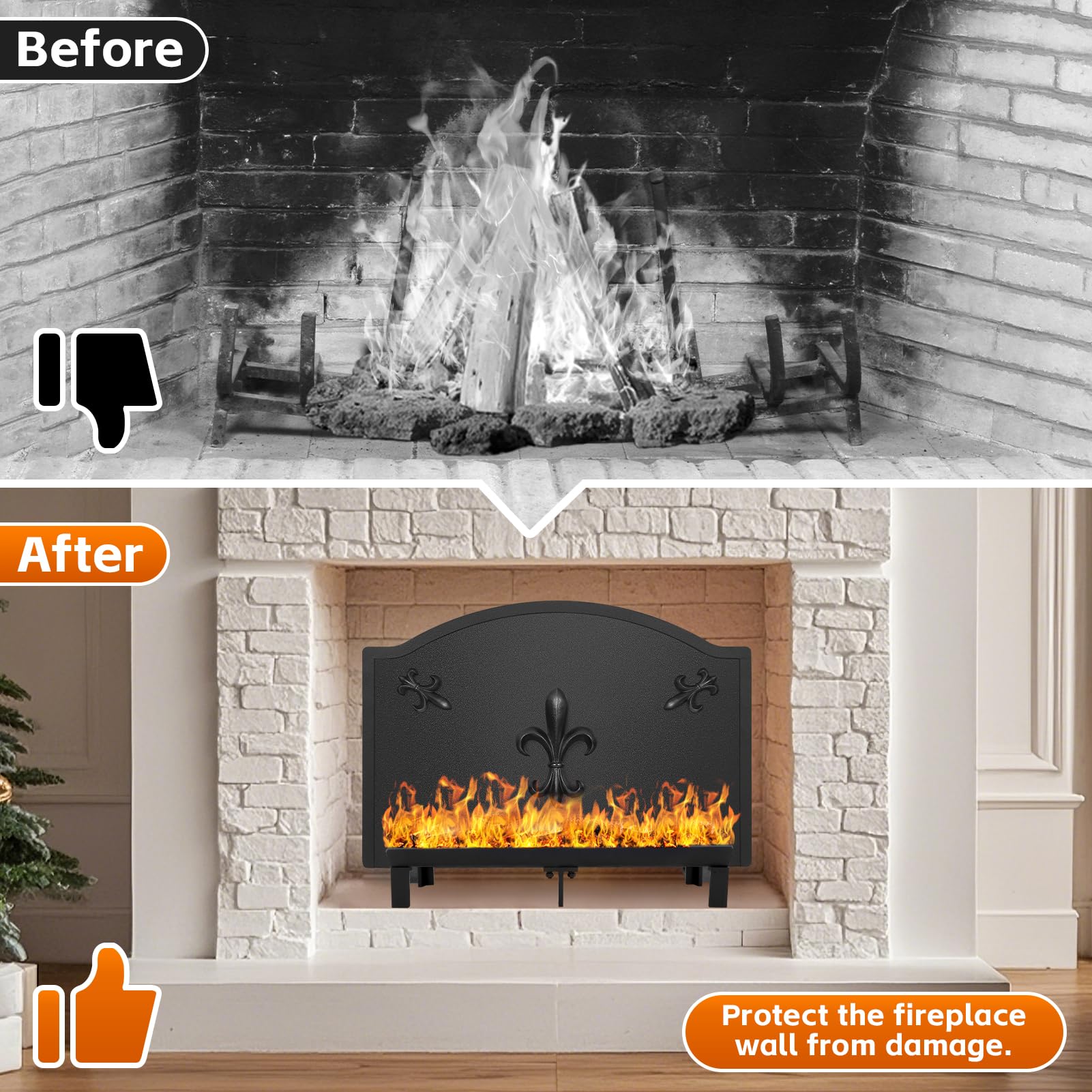 STBoo 25 Inch Fireplace Back Panel with Decorative Flower Design - Heavy Duty Fireback with Feet for Heat Protection & Wall Safety | Perfect for Kitchen Backsplash & Living Room Fireplace Décor