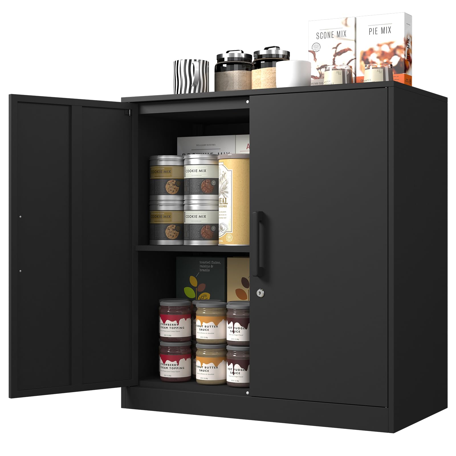 Black Metal Wall Cabinet with 2 Doors & Lock - Hanging Storage Cabinet with Shelves & Handle for Garage, Living Room, Kitchen, Office - Organize Tools, Supplies & Home Essentials