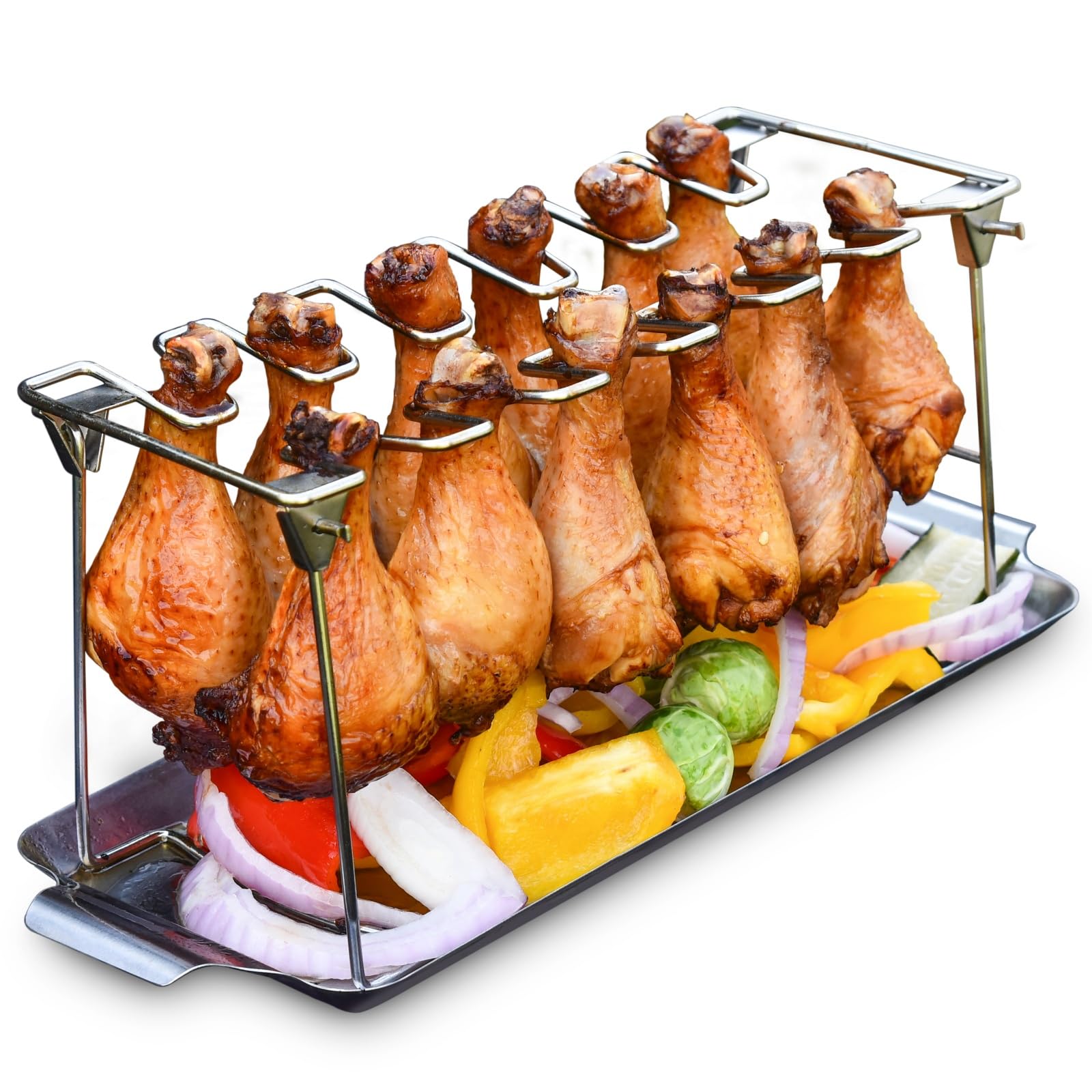Premium Stainless Steel Chicken Leg Rack for Grill & Smoker - 12 Slot Chicken Wing & Drumstick Holder with Drip Tray - Heavy Duty BBQ Grill Accessories for Outdoor Cooking, Backyard Parties & Camping