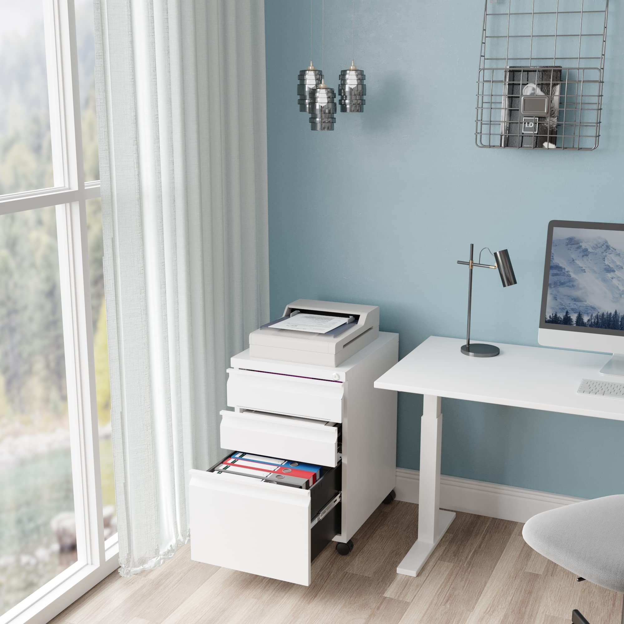 3-Drawer Rolling File Cabinet with Lock - White Metal Vertical Mobile Filing Cabinet for Legal/Letter/A4 Documents - Home Office Storage Solution for Desk Organization & Document Security
