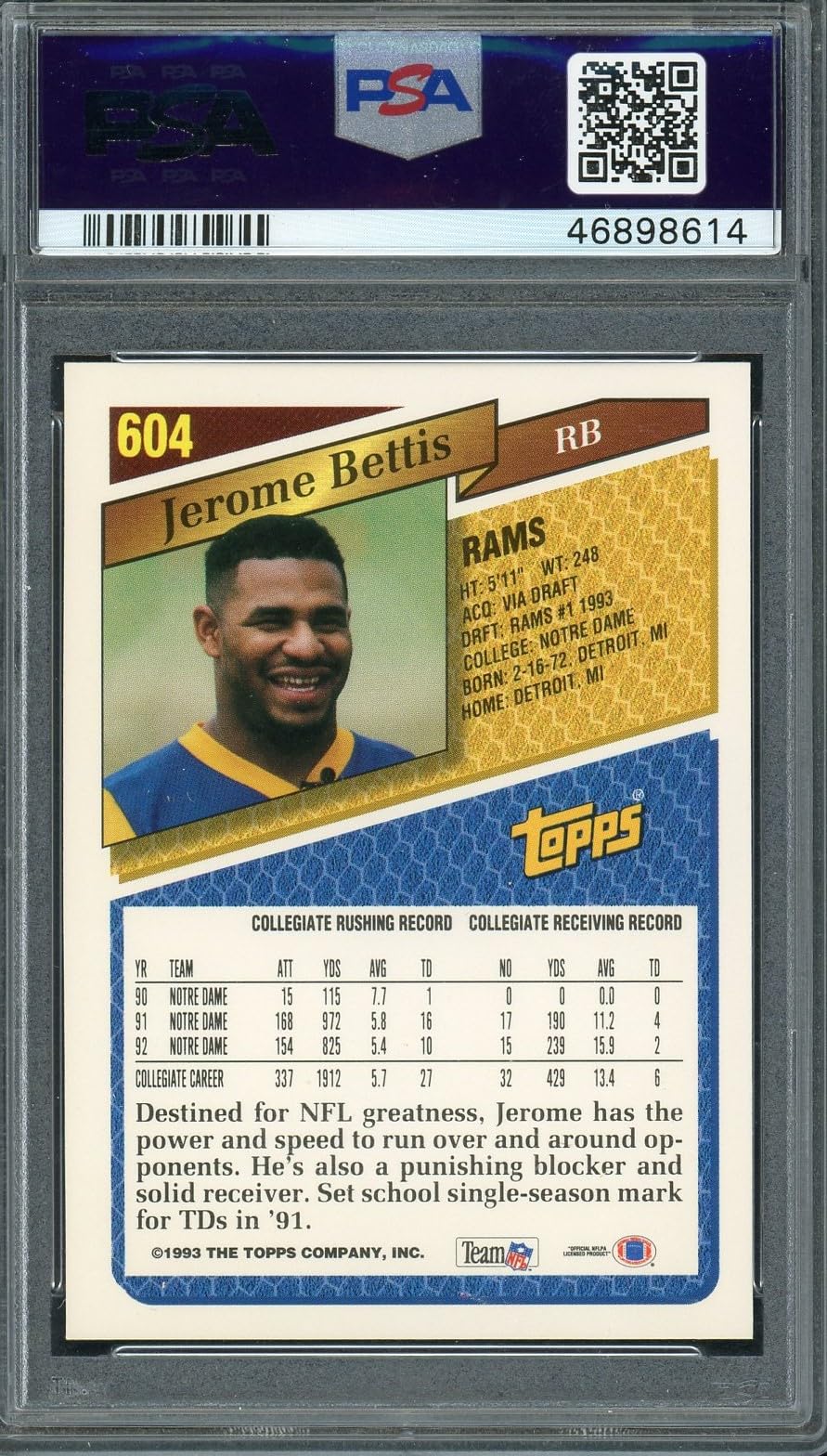 1993 Topps Gold Jerome Bettis Rookie Card #604 PSA 9 - Rare Football Collectible for Sports Memorabilia & Investment