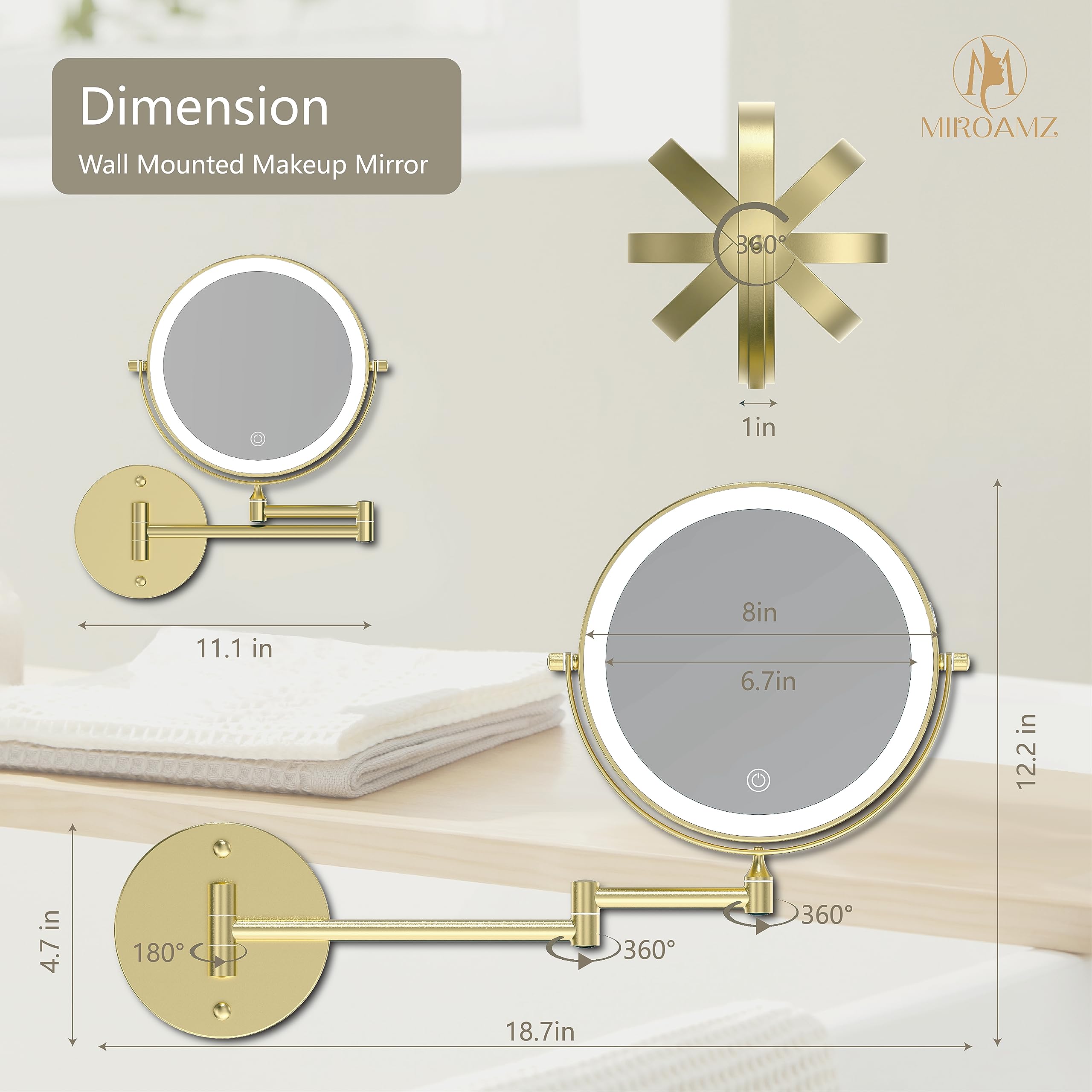 Rechargeable 8 Inch Wall Mounted Makeup Mirror with 1X/10X Magnification - 3 Color LED Lighting, Touch Dimming & 360° Rotation - Perfect for Bathroom Vanity, Shaving & Cosmetics Application - Gold Finish