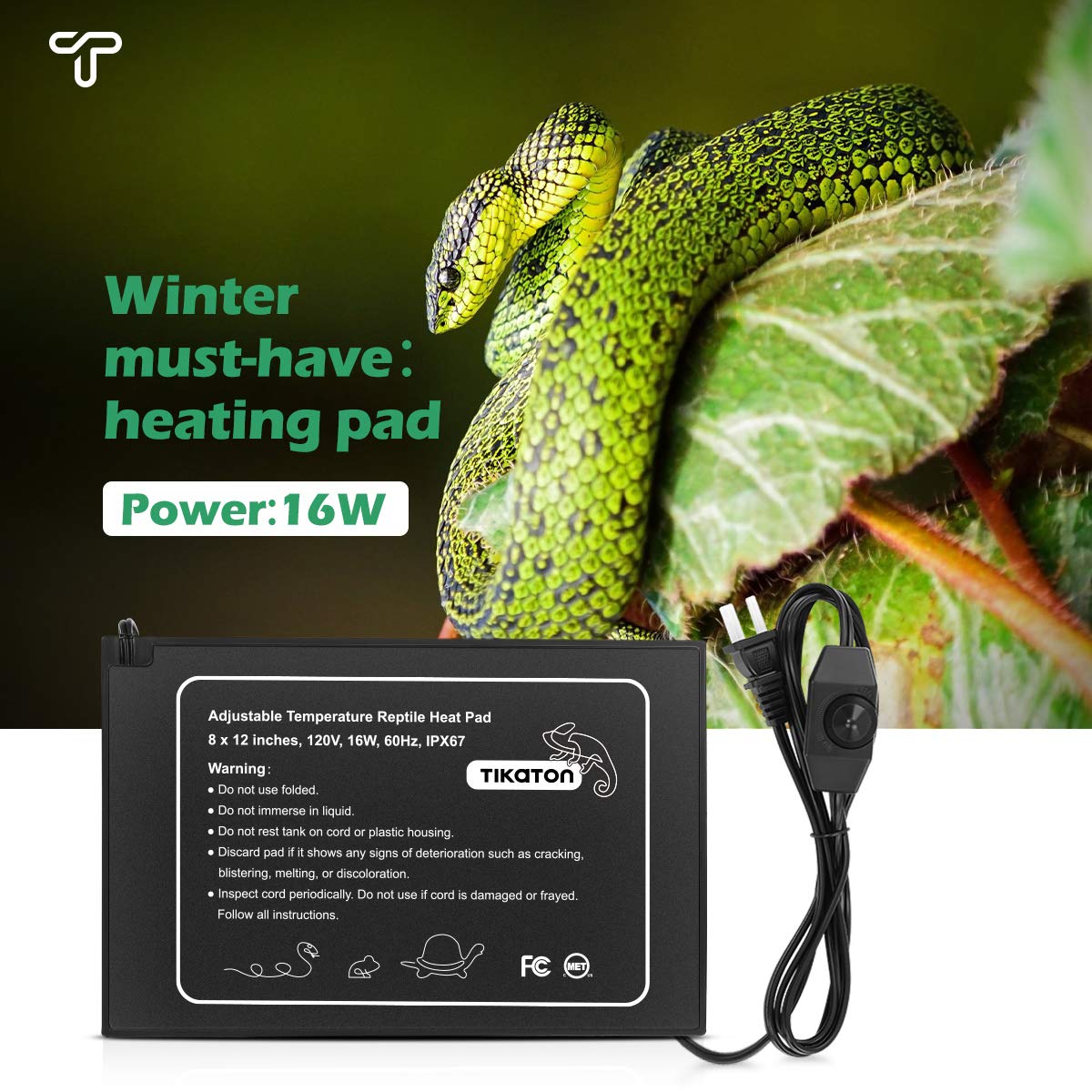 Tikaton Reptile Heat Pad - Adjustable Temperature Under Tank Heater for 10-20 Gallon & 30-40 Gallon Tanks | Terrarium Heat Mat for Turtles, Snakes, Lizards, Frogs, Spiders & Plant Boxes | Perfect for Reptile Habitats & Tropical Plant Growth