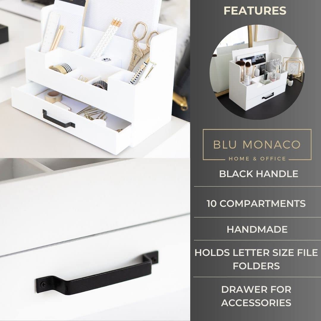 BLU MONACO White Wooden Desk Organizer with Drawer - Office Desk Caddy for Pens, Pencils, Paper Clips & Supplies - Stylish Desktop Storage for Women - Perfect for Home Office, Study & Workspace Organization