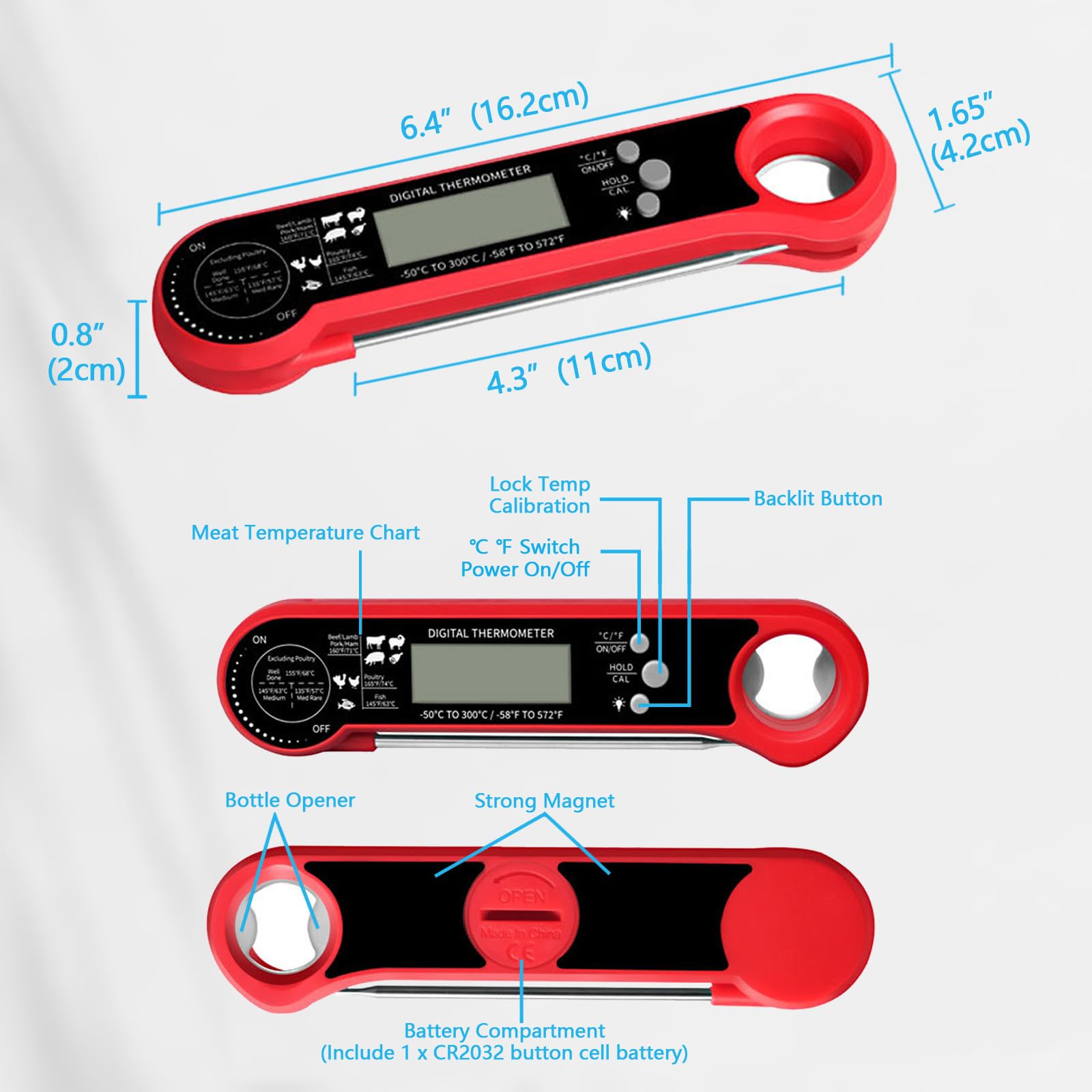 Digital Meat Thermometer for Cooking - Instant Read Food Thermometer with Waterproof Design, Auto-Rotating Backlit Display & Foldable Probe | Perfect for Grilling, BBQ, Air Fryer & Kitchen Use