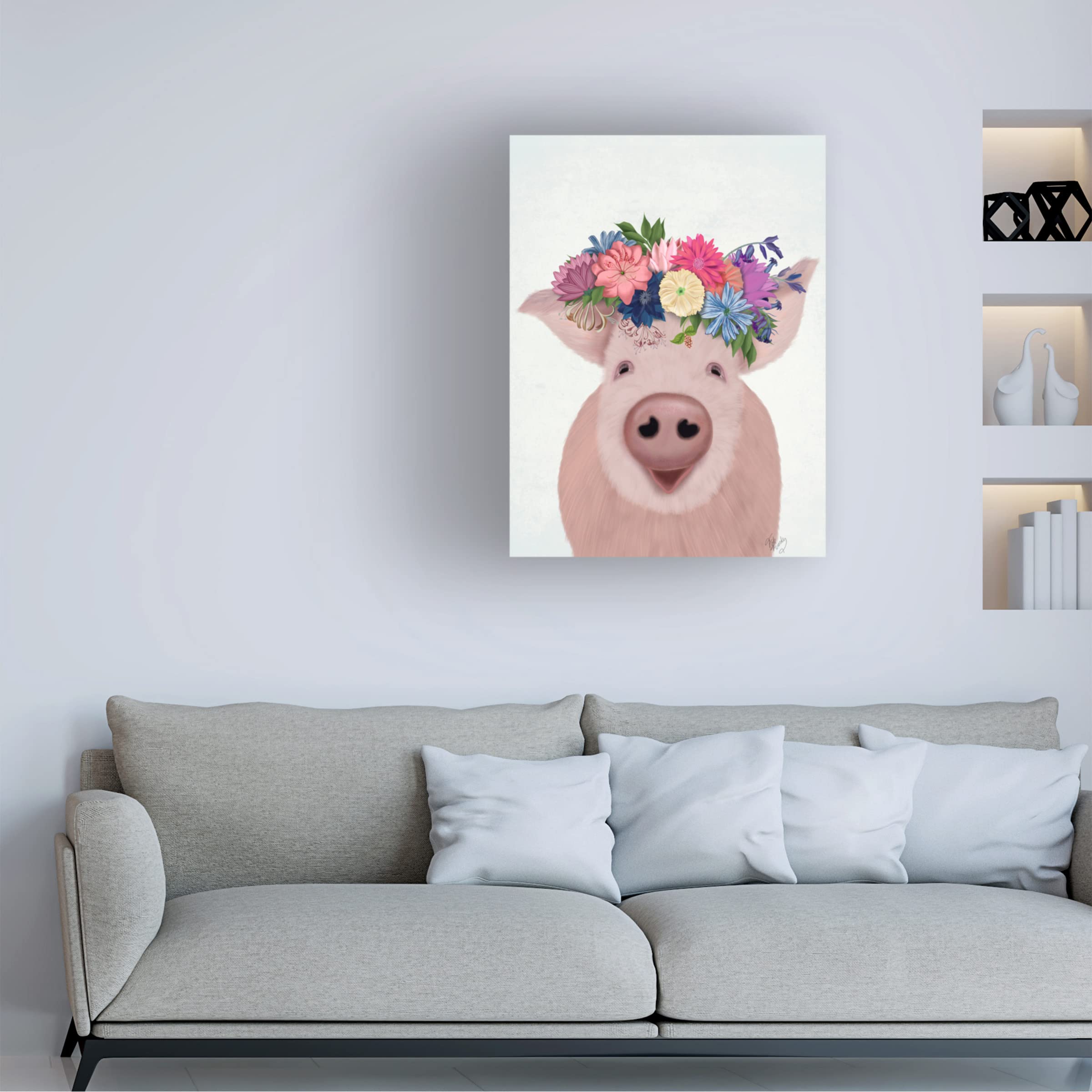Fab Funky 'Pig and Flower Crown' Canvas Wall Art Print - Modern Home Decor for Living Room, Bedroom & Office - Trademark Fine Art Collection