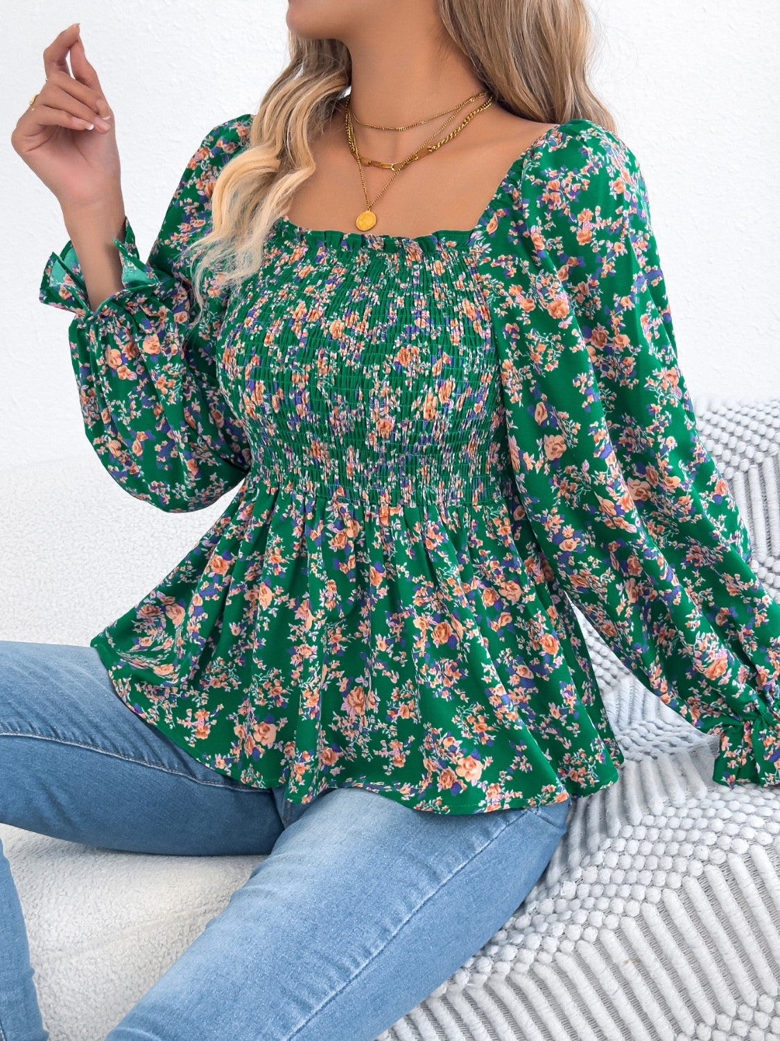 Floral Square Neck Flounce Sleeve Blouse for Women | Elegant Spring Summer Tops | Perfect for Office, Date Night & Special Occasions