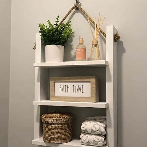 Rustic Farmhouse Rope Hanging Ladder Shelf - Bathroom & Home Decor for Storage and Display | Perfect for Towels, Blankets, and Decorative Items