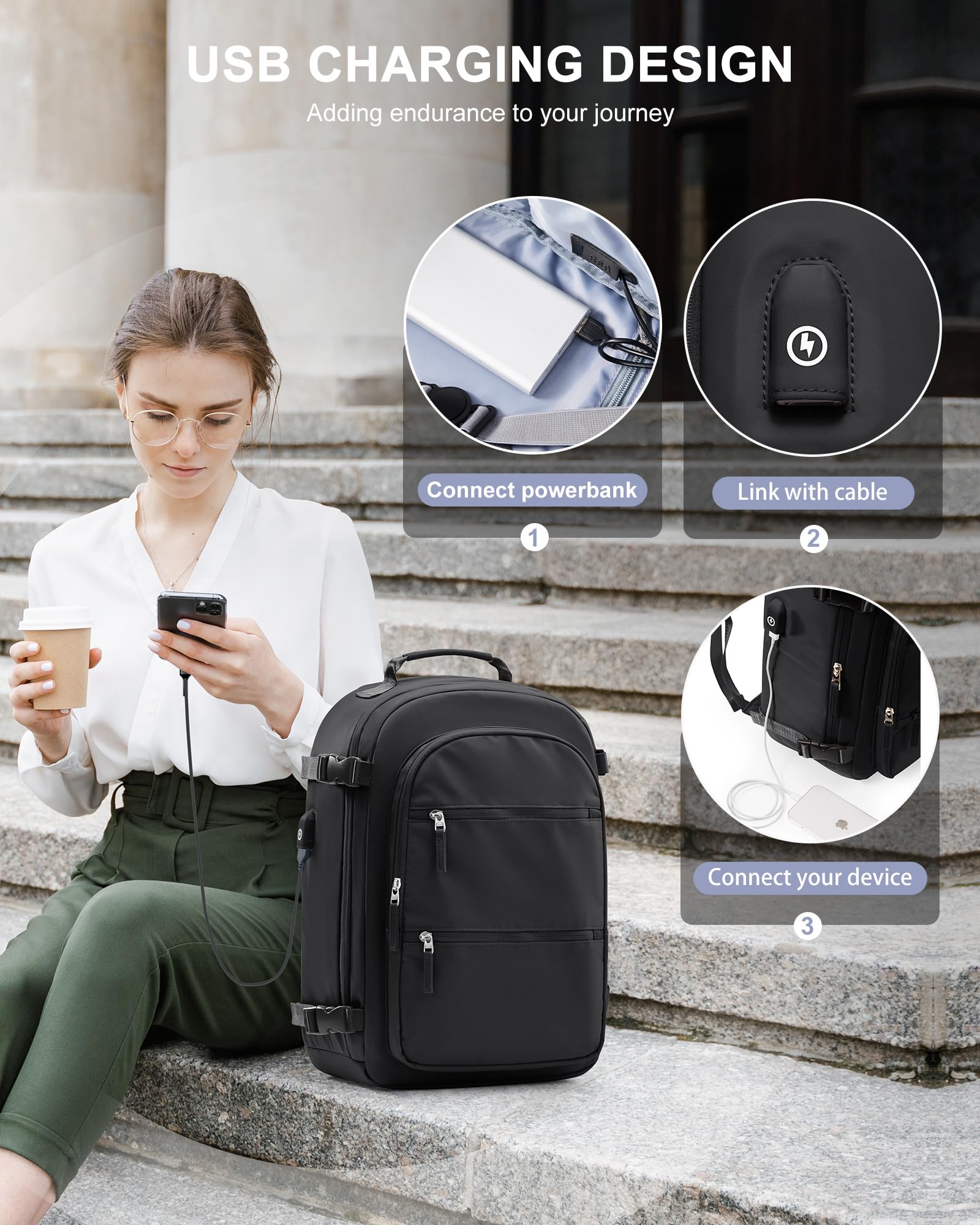 Women's Travel Backpack 18x13x8in - Flight Approved USB Charging Waterproof Carry-On for Commuting & Weekend Trips