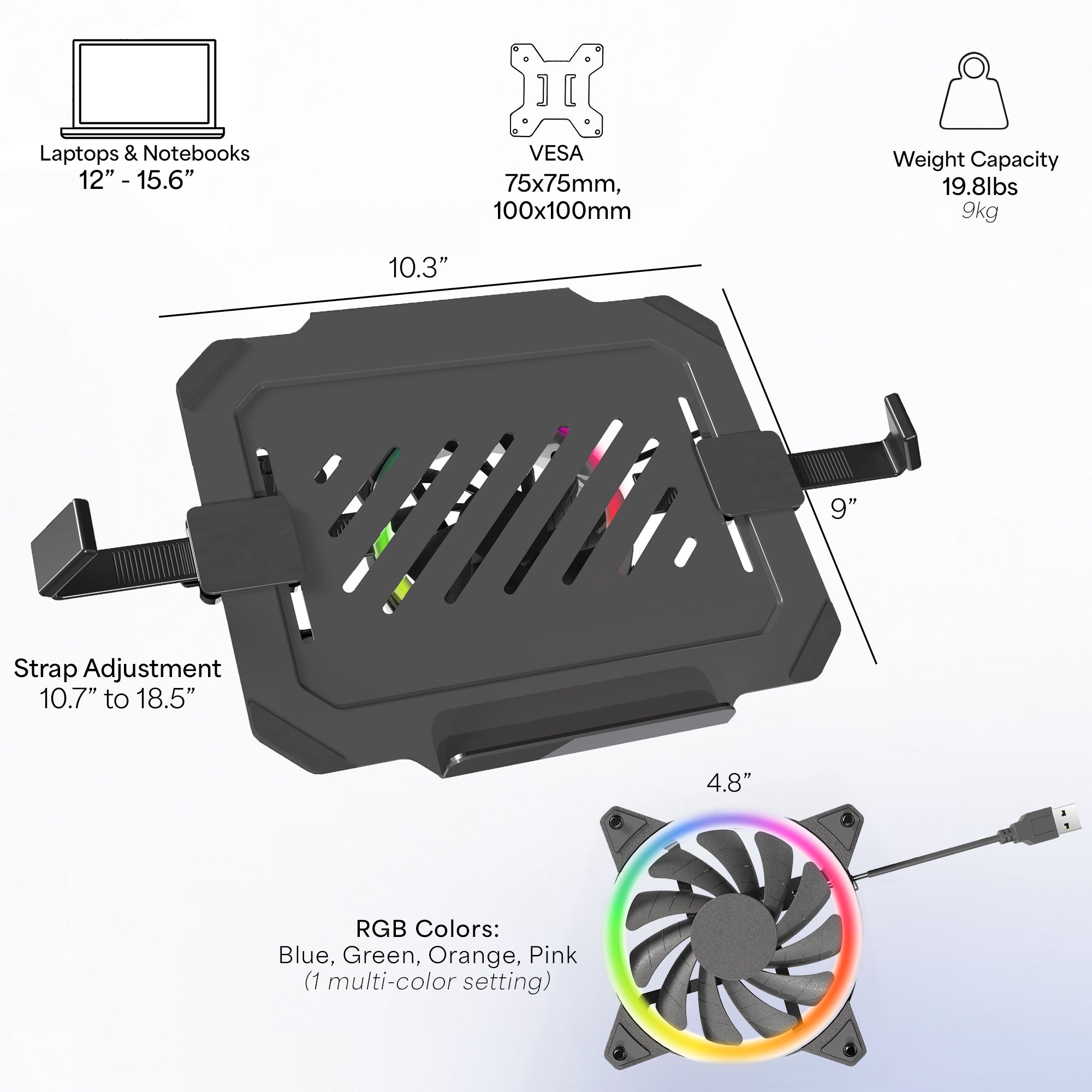 VESA Compatible Laptop Tray with RGB Cooling Fan - Adjustable Computer Mount for Gaming & Office Setup