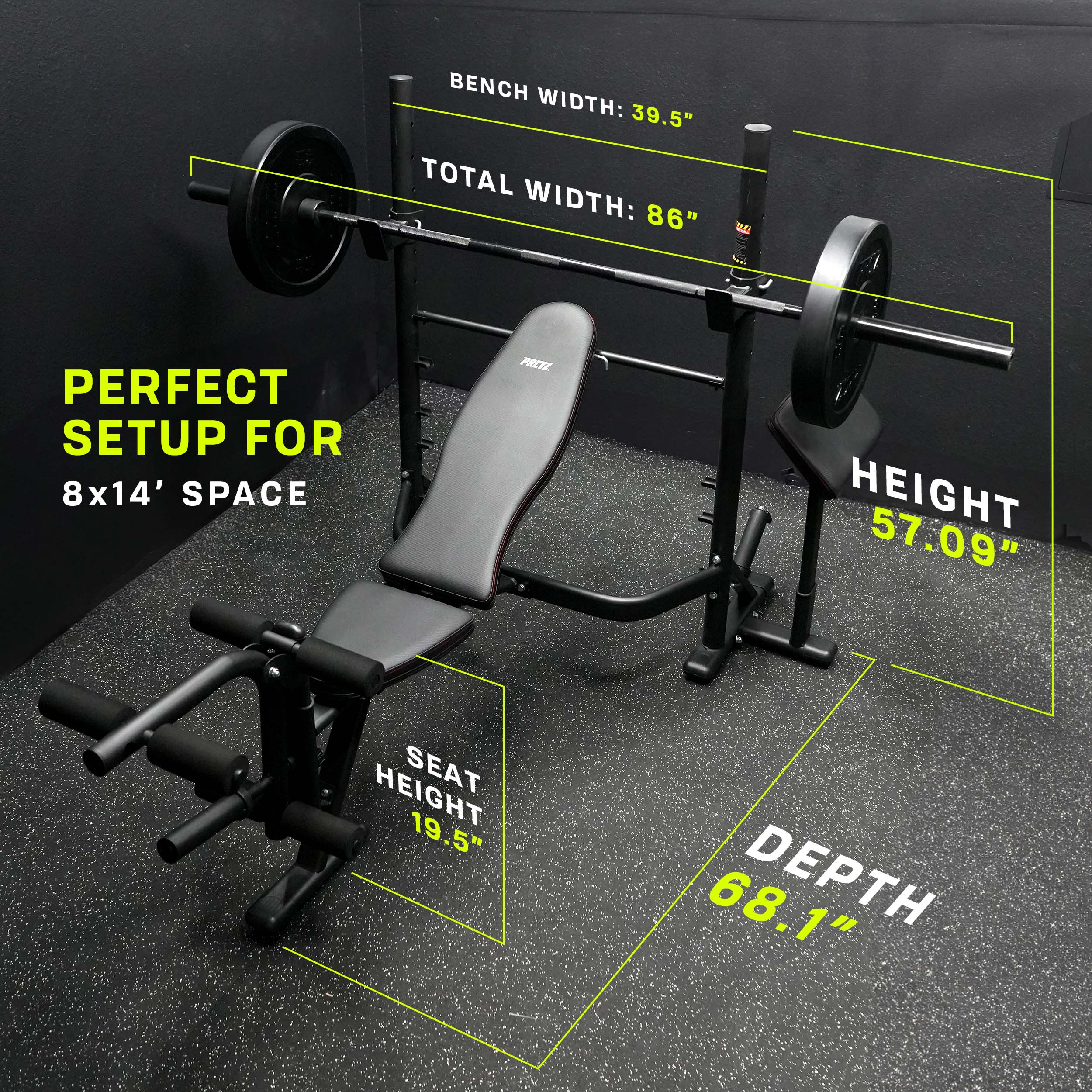 PRCTZ SP1 Home Gym Bundle - Adjustable Olympic Weight Bench with Squat Rack, 7ft Olympic Barbell, 45lb Rubber Bumper Plates Set & 40lb Cast Iron Adjustable Dumbbells | Perfect for Home Workouts, Strength Training & CrossFit Exercises