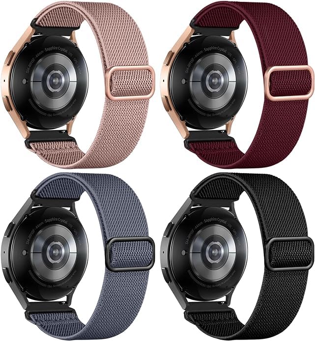 DaQin 4 Pack Stretchy Nylon Solo Loop Bands for Samsung Galaxy Watch 7/6/5/4/Classic/Active 2/Pro - 20mm Soft Adjustable Sport Strap - Perfect for Workouts, Running & Everyday Wear