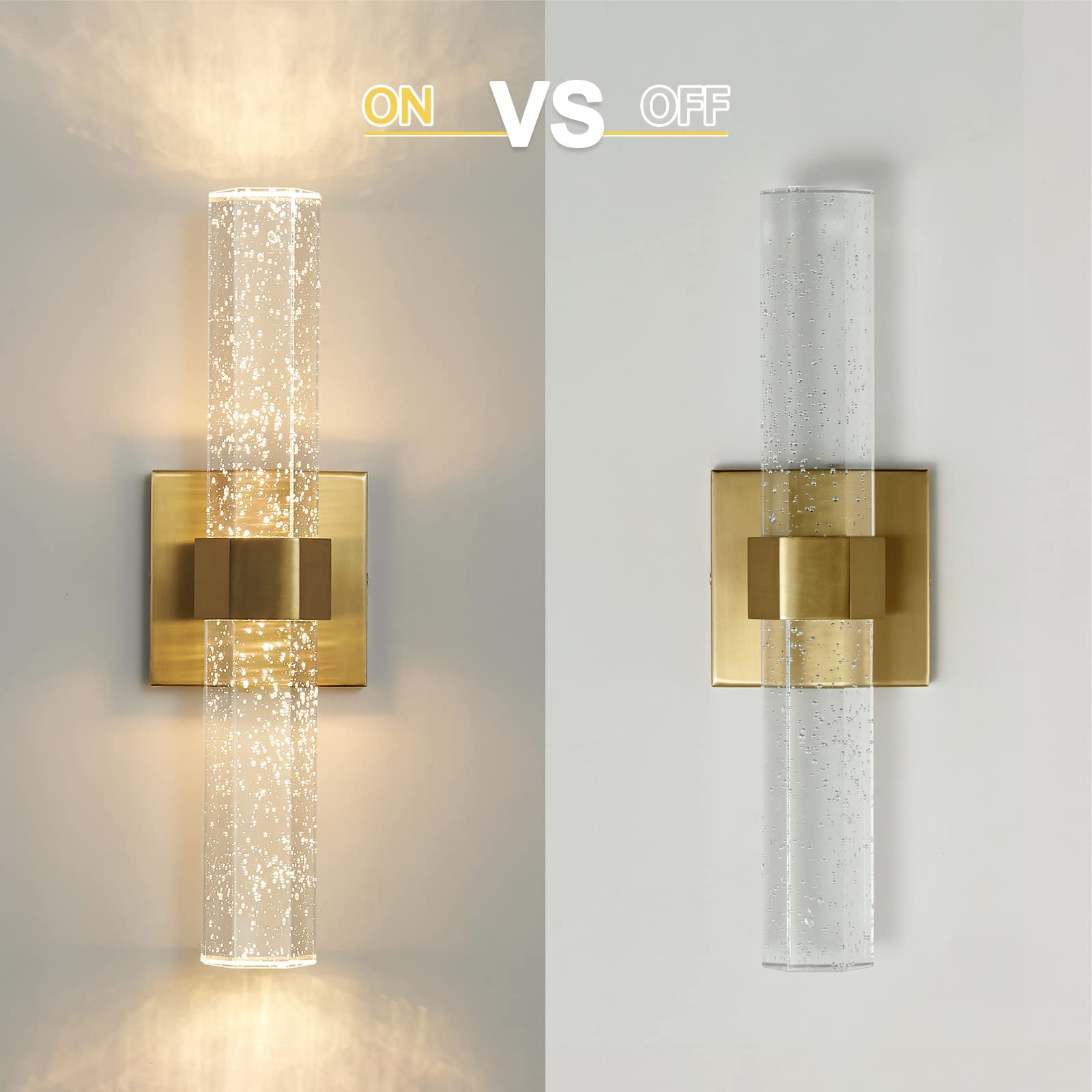 Gold Wall Sconces Set of 2 - 14W Dimmable LED Crystal Bathroom Light Fixtures with Bubble Glass (15.7 Inch) - Indoor Vanity Lighting for Bathroom, Hallway & Bedroom (2 Pack) | Perfect for Modern Home Décor & Ambient Lighting