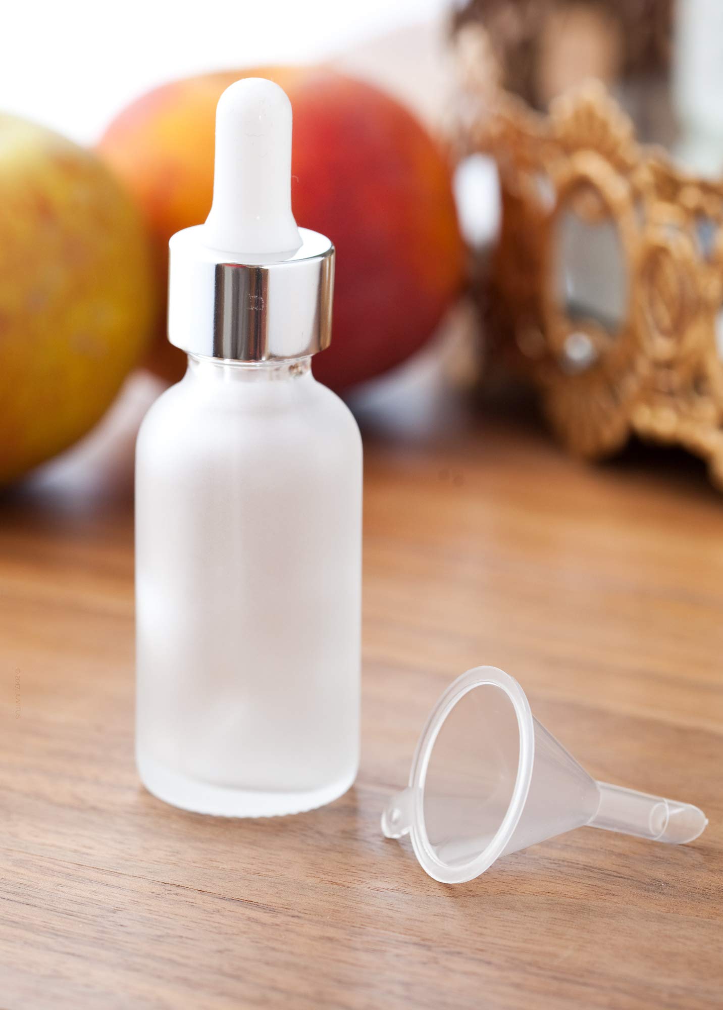 JUVITUS 12-Pack 1 oz Clear Frosted Glass Boston Round Bottles with Silver Metal Dropper & Funnel - Essential Oil Dropper Bottles, DIY Perfume Containers, Travel-Sized Liquid Storage for Home & Beauty Use