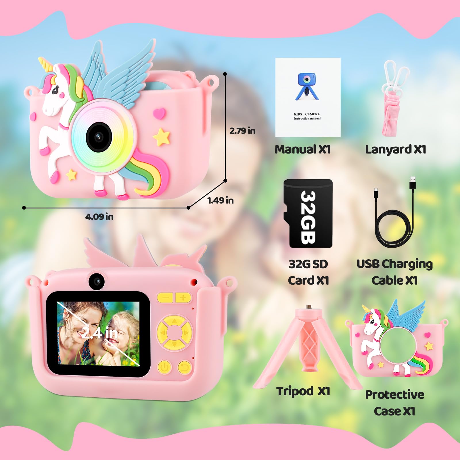 Kids Digital Camera with 32GB SD Card & Tripod - 2.4 Inch 1080P HD Portable Toy Camera for Boys & Girls | Christmas Birthday Gift | Time-Lapse Video & Silicone Cover | Perfect for Travel, Outdoor Adventures & Creative Learning