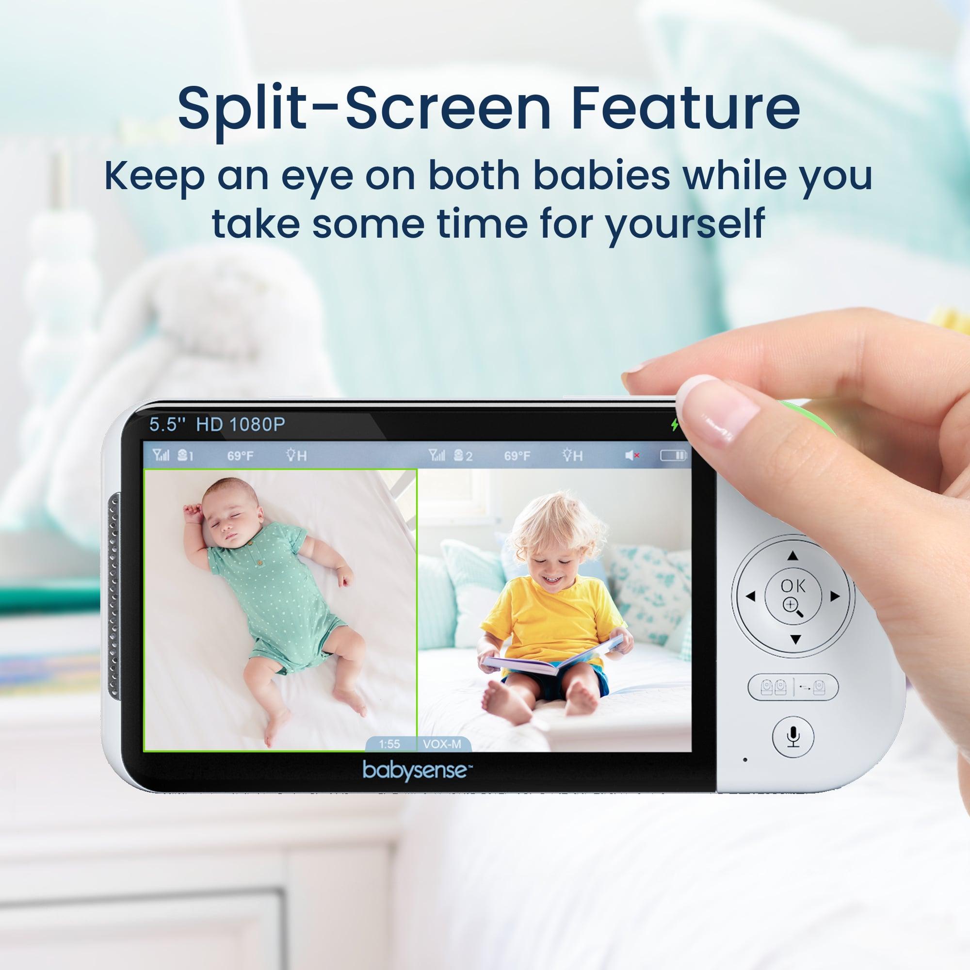 Babysense Max View: 2-Camera Non-WiFi Video Baby Monitor with Split Screen, Night Light & Sound Machine - Ideal for Nursery, Bedroom & Travel