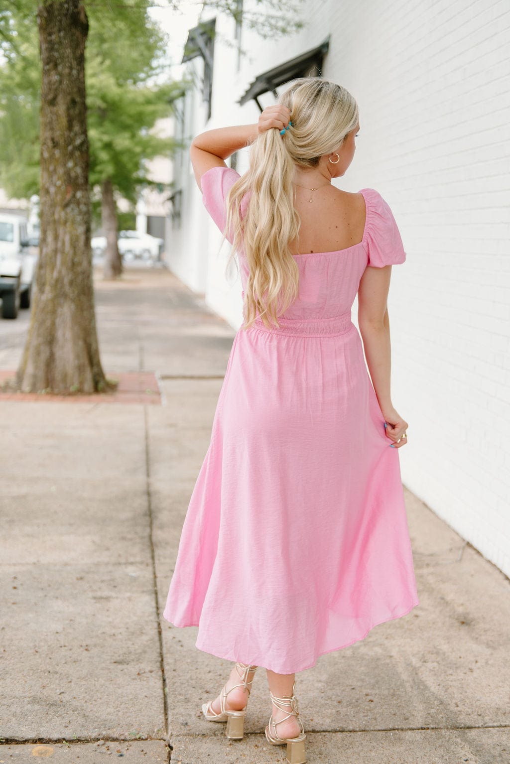 Elegant Pink Bow Front Puff Sleeve Midi Dress for Women | Floral Print Summer Party Dress | Perfect for Weddings, Garden Parties & Date Nights