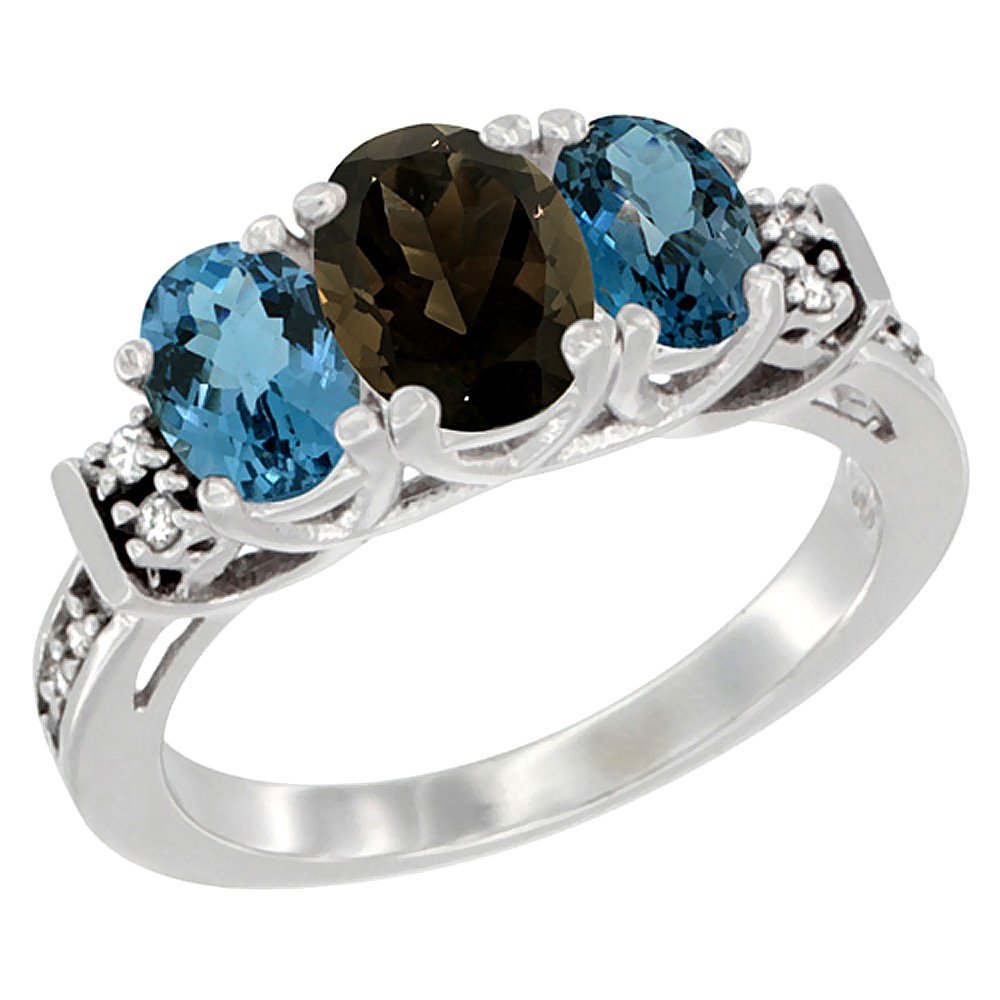 14K White Gold Natural Smoky Topaz & London Blue Topaz 3-Stone Ring with Oval Diamond Accents - Sizes 5-10 | Elegant Engagement, Anniversary Gift for Her, Wedding Jewelry