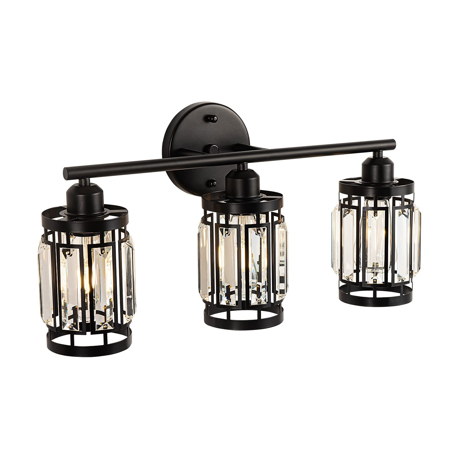 Rustic Industrial Black Vanity Light with Crystal Lampshade - 3 Light Bathroom Wall Sconce, E26 Base (Bulb Not Included) - Perfect for Modern Farmhouse, Vintage Bathroom & Dressing Room Lighting