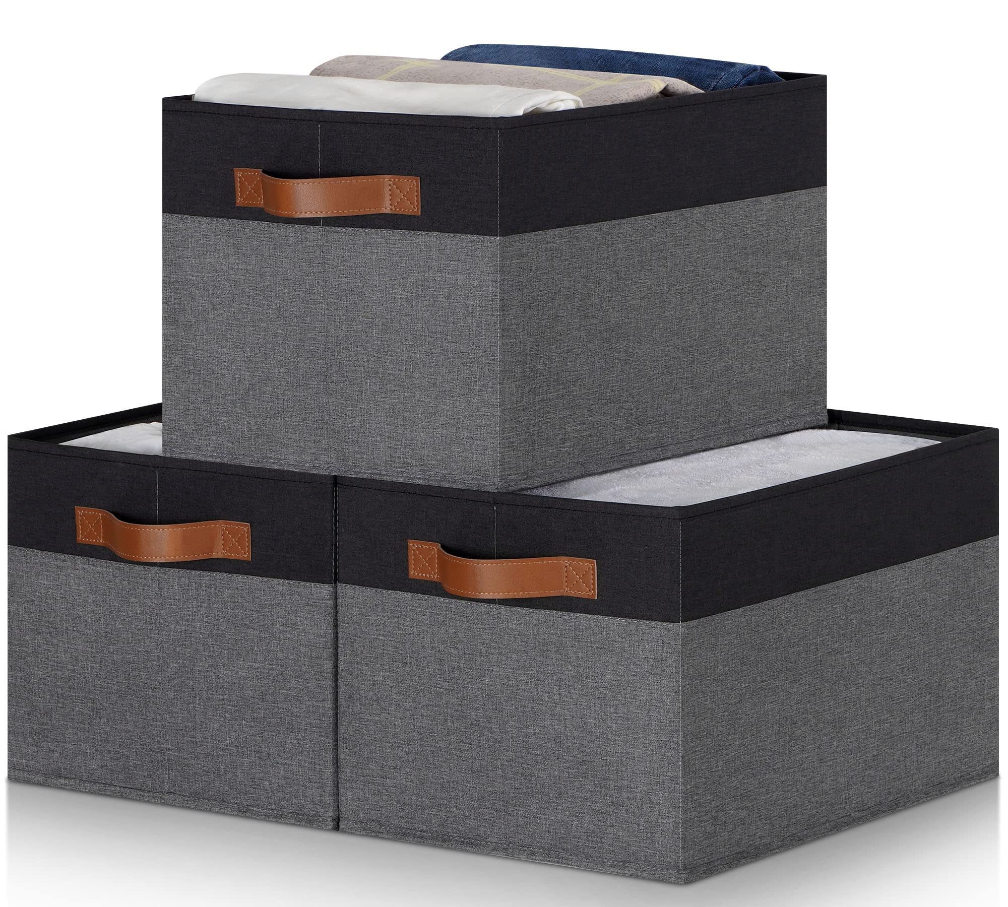 Large Foldable Fabric Storage Bins with PU Handles - 26L Closet Organizer Baskets for Shelves, Home, Bedroom & Office (3-Pack, Grey & Black) - Perfect for Storing Clothes, Toys, Blankets & Home Organization