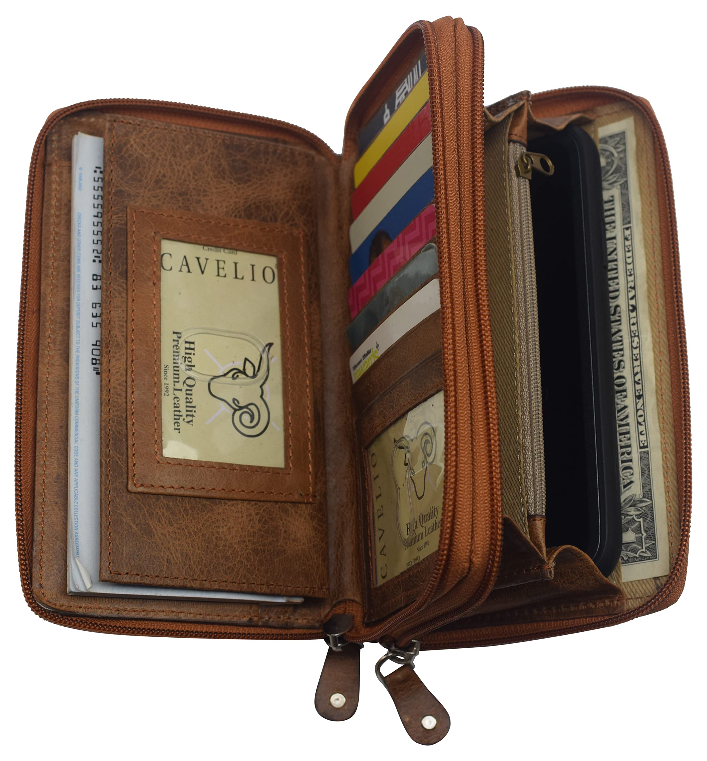 Premium Women's Leather Wallet with RFID Blocking - Double Zip Around Credit Card Holder & Phone Clutch (Tan) | Ideal for Travel, Shopping & Everyday Use