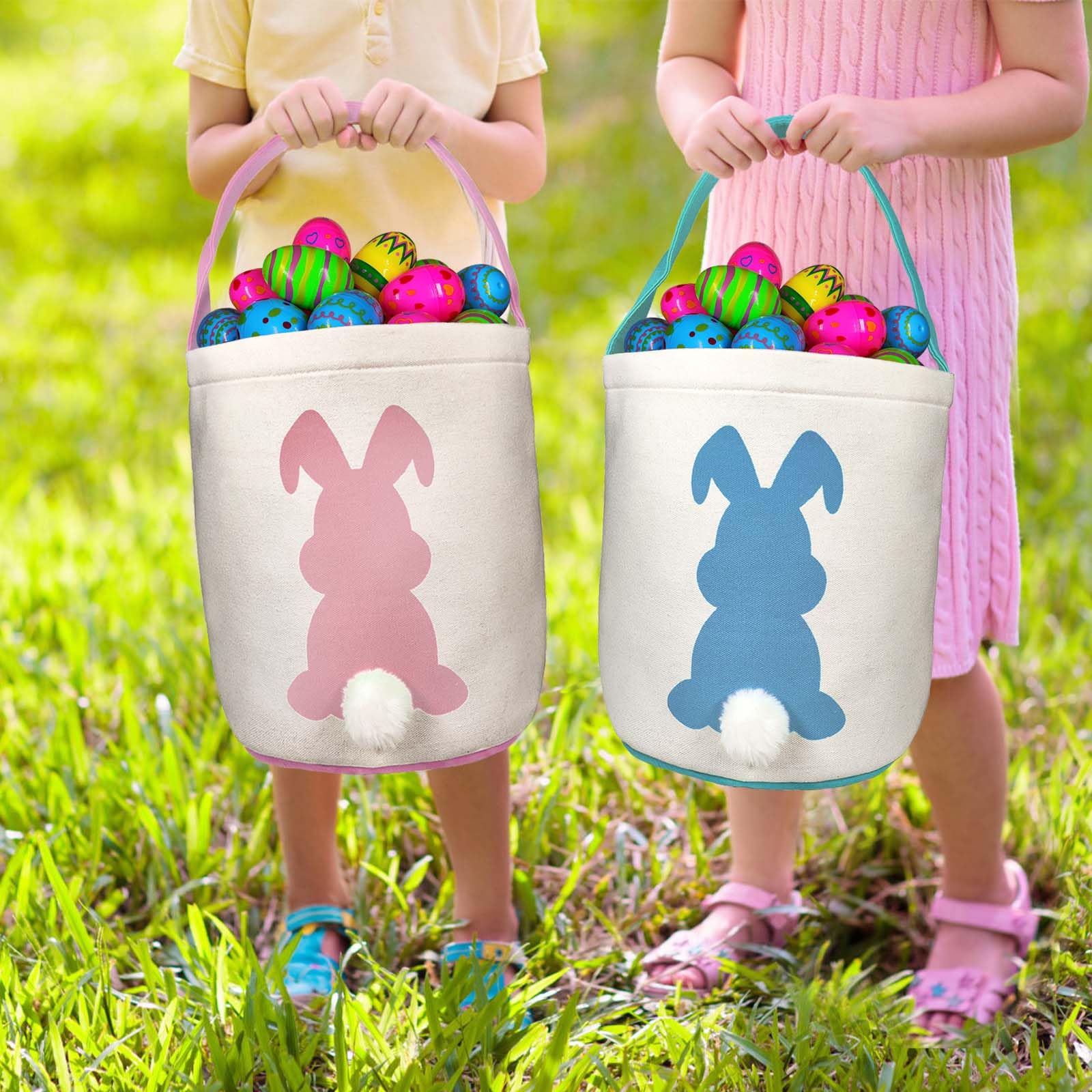 3 Pack Canvas Easter Baskets for Kids - Large Easter Egg Hunt Basket with Tote for Boys & Girls - Bunny Themed Easter Party Favors & Decorations - Perfect for Easter Egg Hunts, Spring Celebrations & Gift Giving