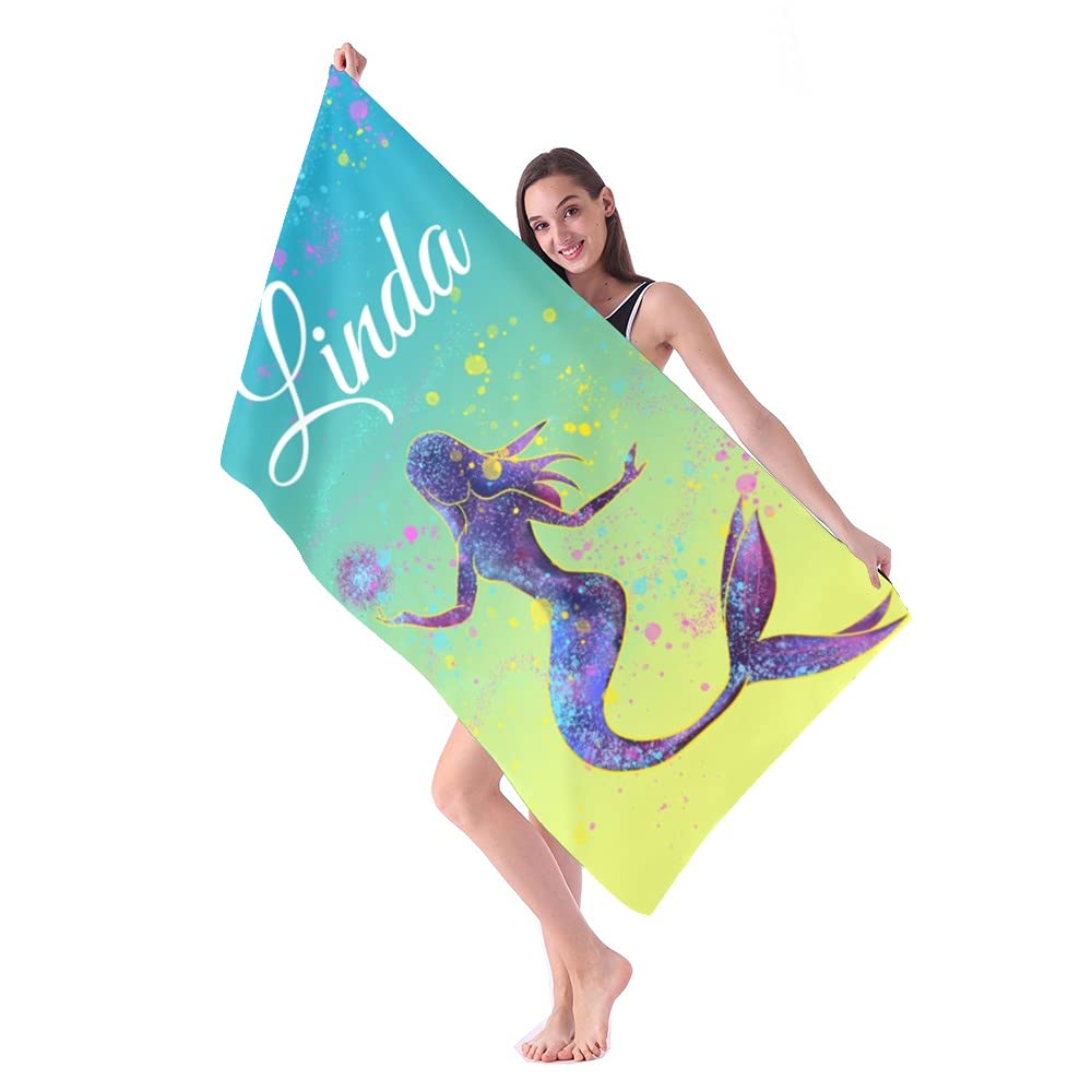 BUY JOY Personalized Mermaid Beach Towel for Women & Girls - Large 30×60 Inch Quick Dry Bath & Pool Towel with Custom Name - Perfect for Beach Vacations, Swimming Pools, and Summer Outings