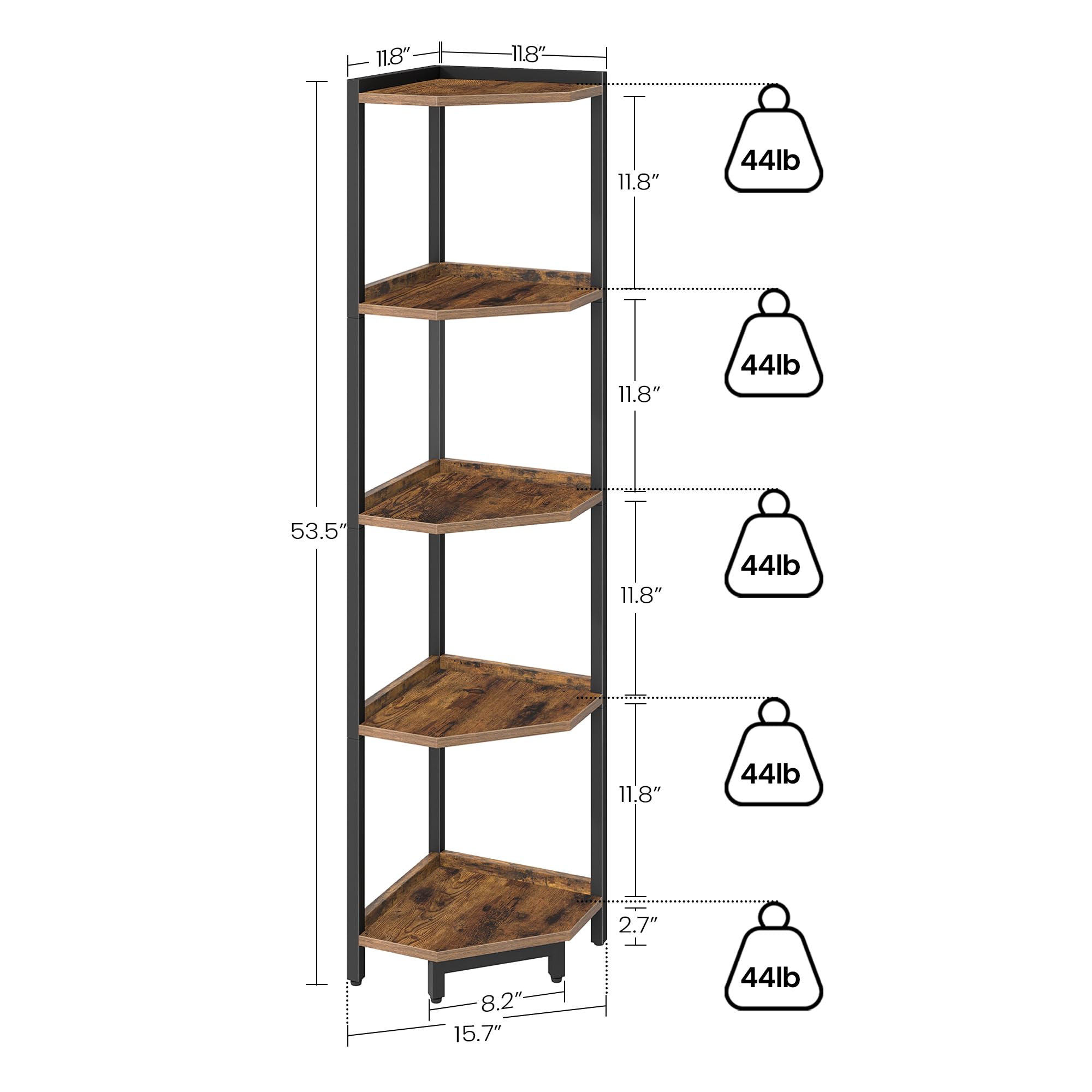 5-Tier Rustic Brown Corner Shelf Stand - Metal Frame Storage Bookshelf for Living Room, Home Office & Bedroom | Ideal for Plants, Books & Home Decor Organization