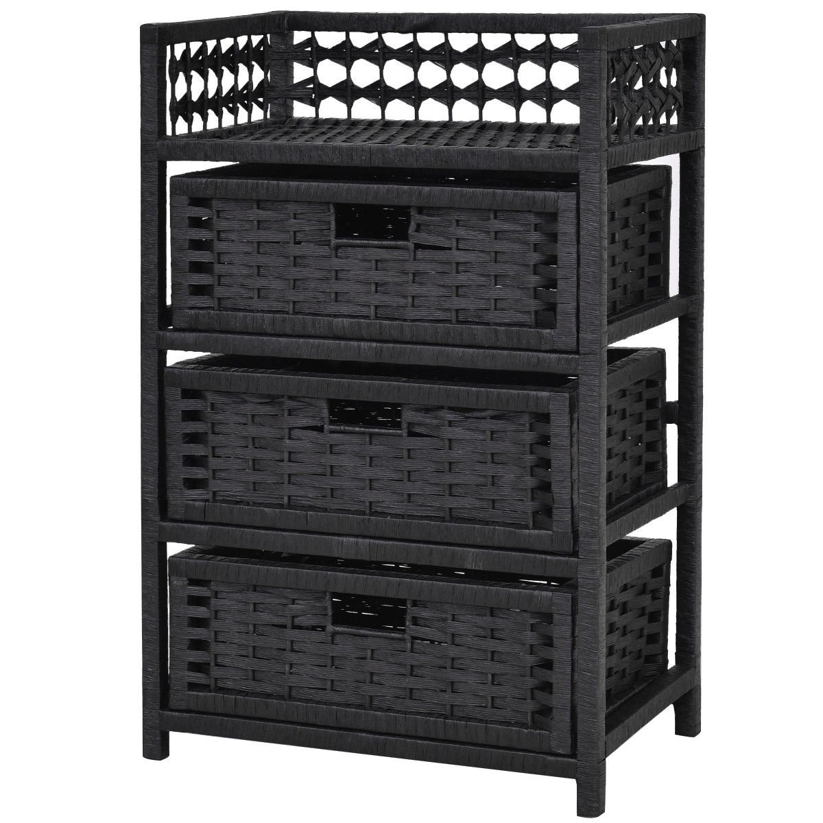 Black 3-Drawer Wicker Storage Tower Shelf with Baskets - Organizer for Bedroom, Bathroom, or Closet - Space-Saving Storage Solution for Home & Office