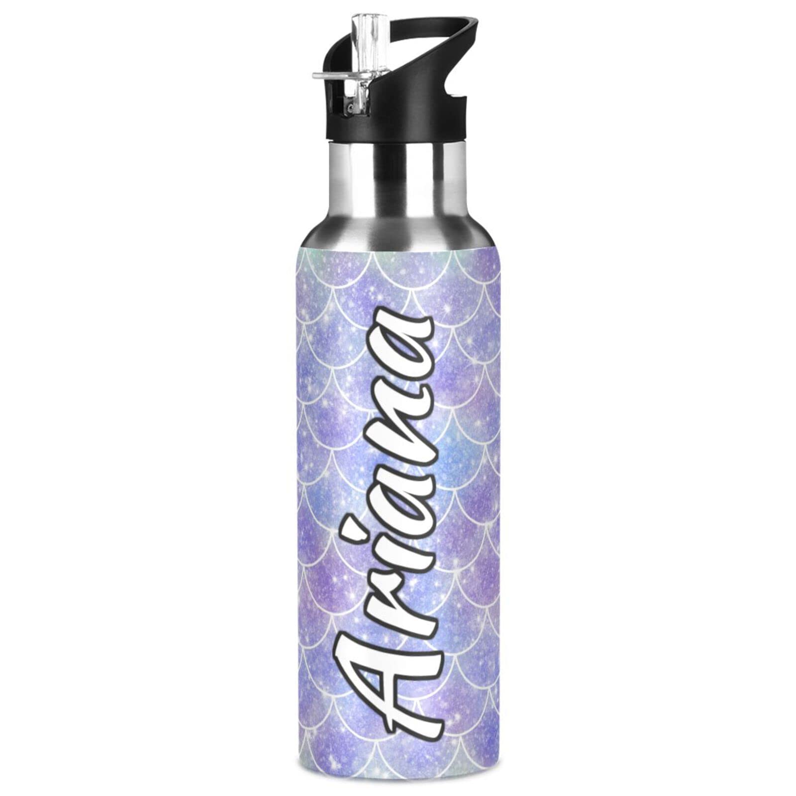 Personalized 20oz Insulated Mermaid Scales Water Bottle with Straw Lid - Custom Reusable Sports Bottle for Hiking, Gym, Yoga & Outdoor Activities