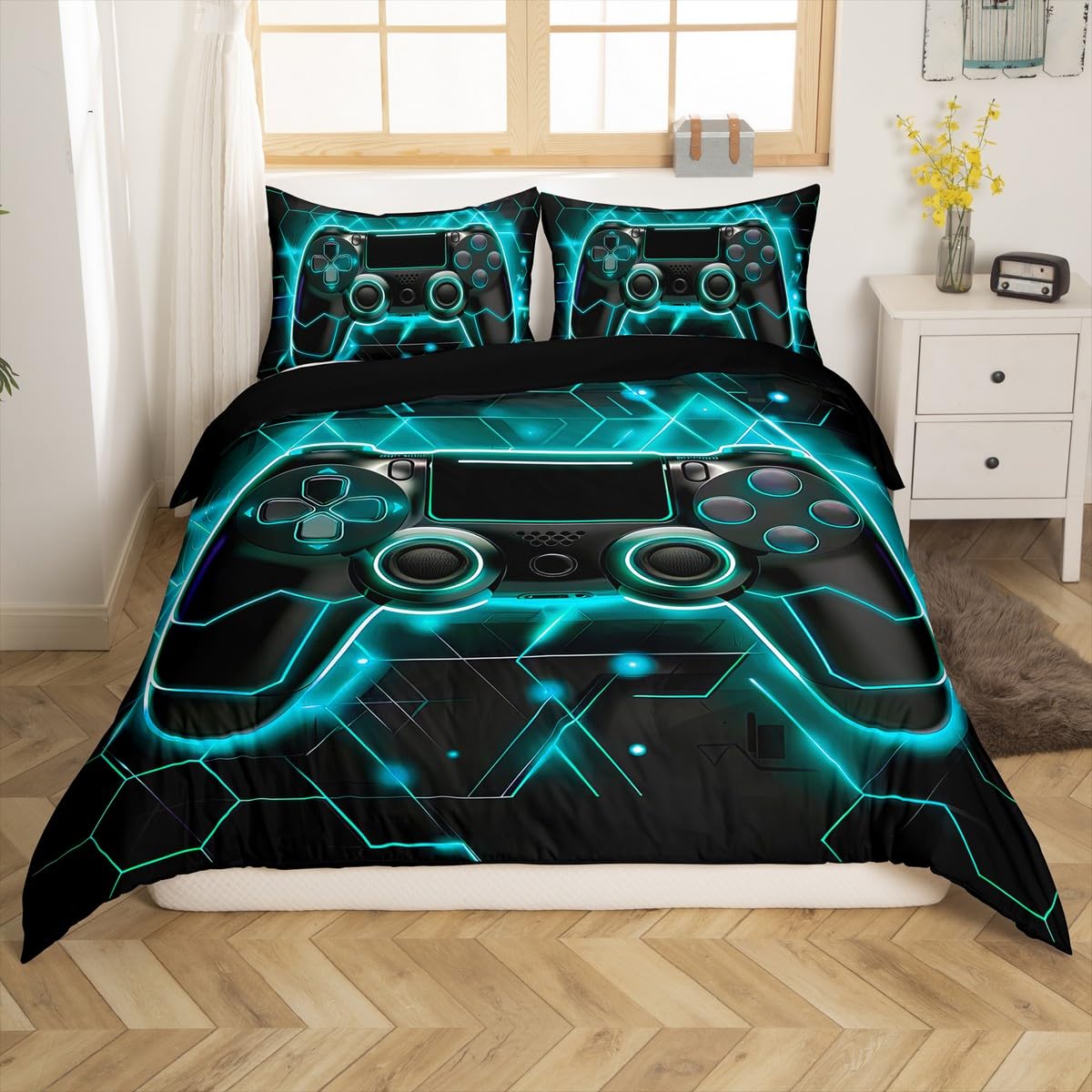 King Size Honeycomb Gamer Bedding Set - Hexagon Beehive Geometry Duvet Cover & 2 Pillow Shams with Neon Lights in Black & Teal - Perfect for Gaming Rooms, Teen Bedrooms & Esports Themed Decor