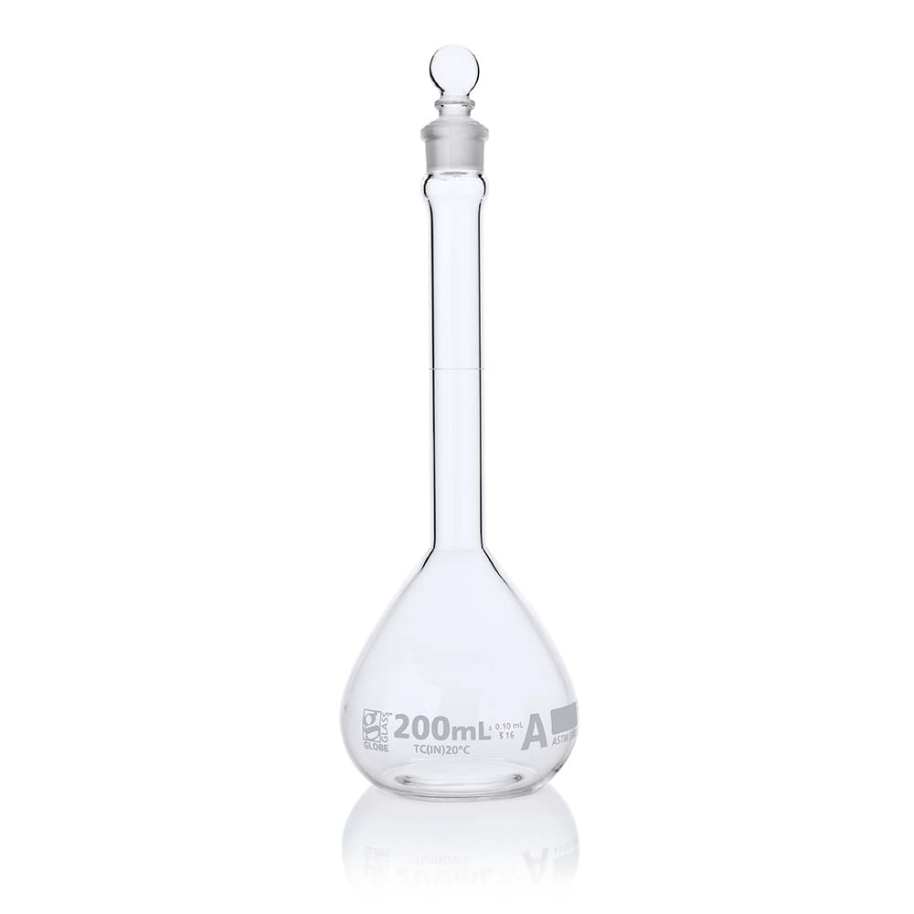 200mL Class A Volumetric Flask - Borosilicate Glass 3.3, ASTM E288 Standard, 6-Pack Lab Glassware for Precise Liquid Measurements in Chemistry Labs & Scientific Experiments