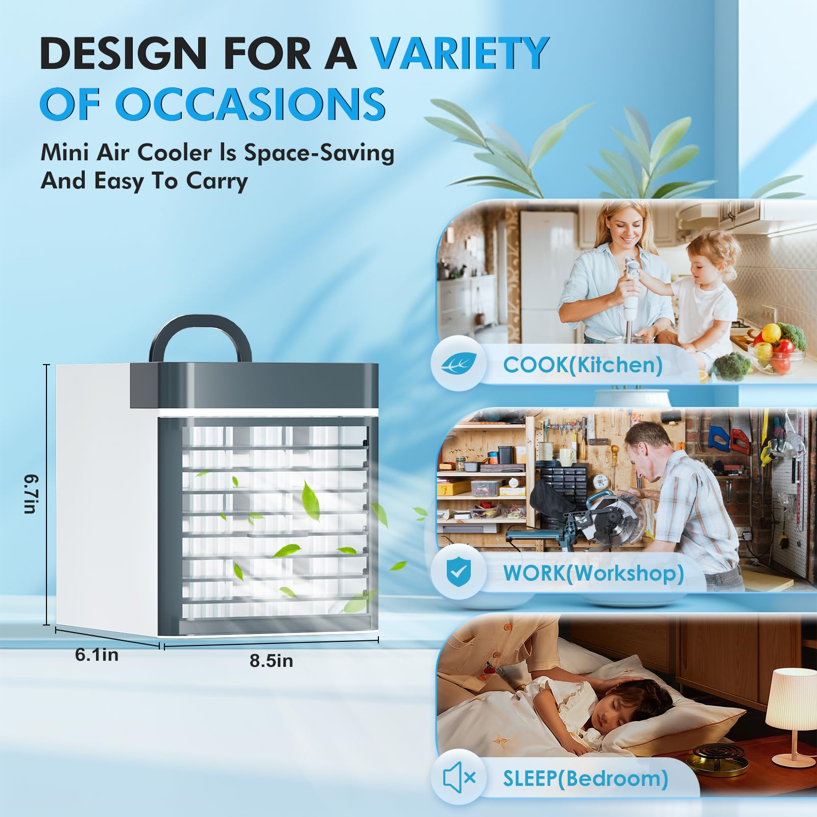 Portable Air Conditioner with 3 Speeds & Ice Packs - Mini Personal Air Cooler Fan for Home, Office, Bedroom - Leak-Proof Design for Summer Cooling Comfort | Perfect for Small Spaces & Desktop Use