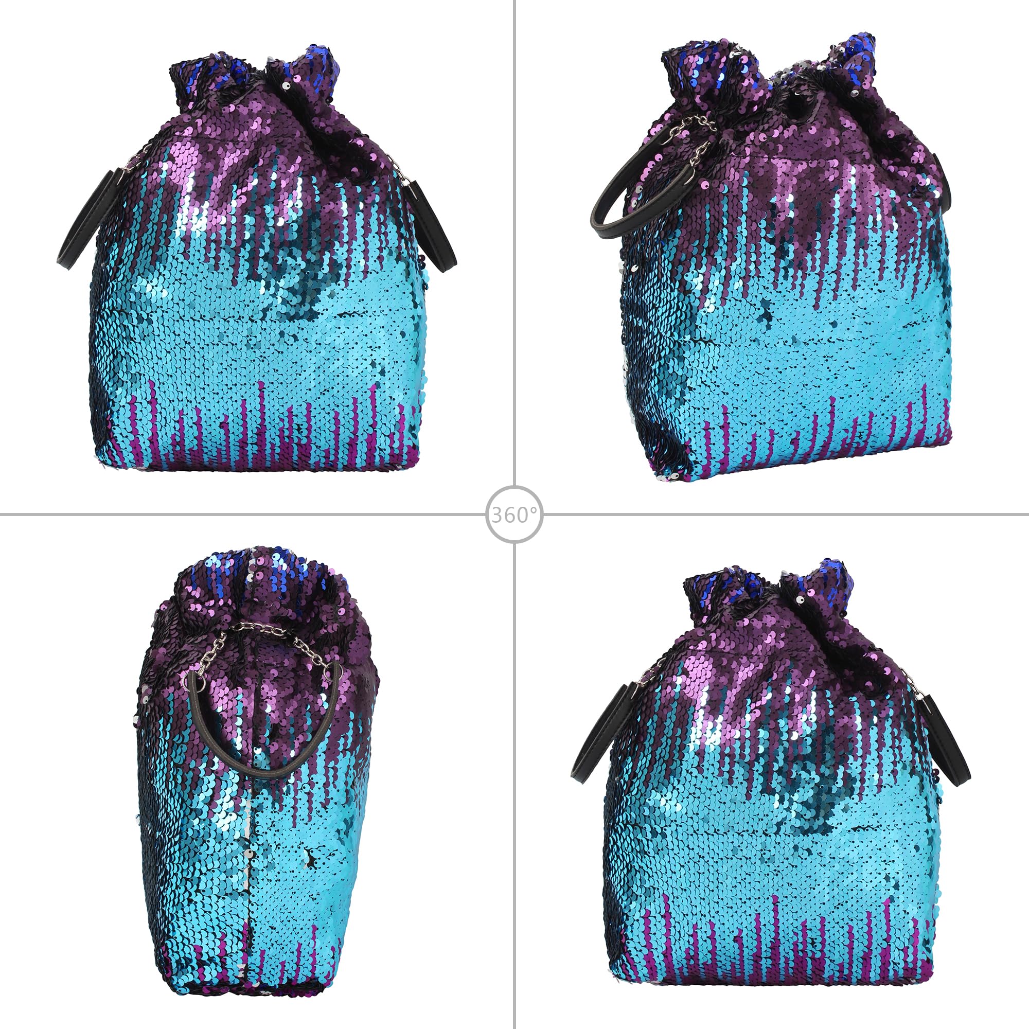 Women's Small Mermaid Sequins Drawstring Bucket Bag with Chain - Crossbody Shoulder Bag & Top Handle Purse for Party, Beach, Travel & Everyday Use