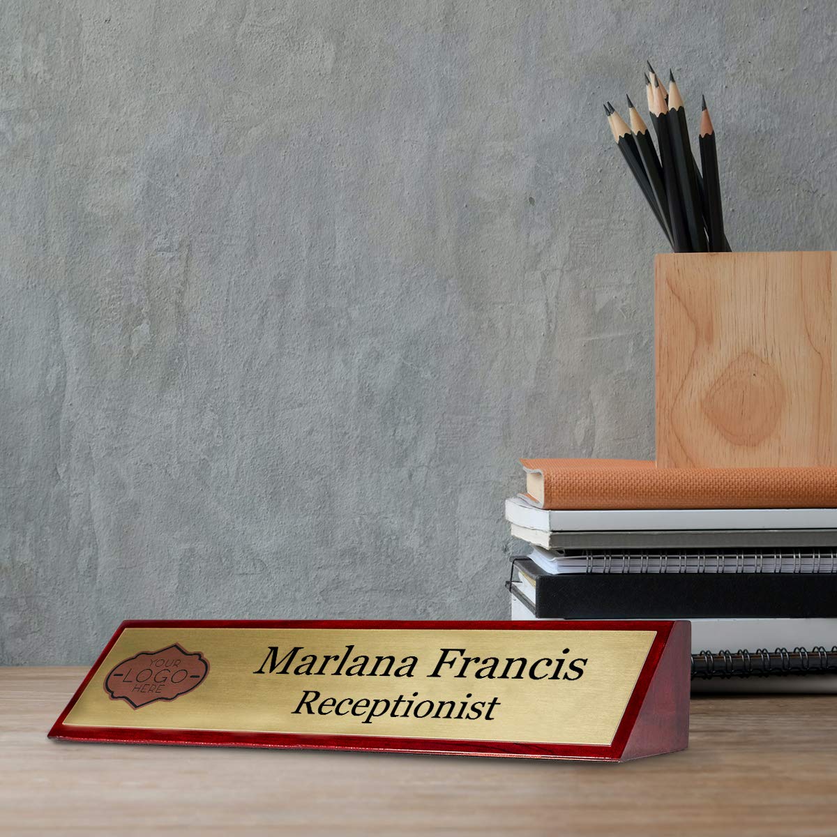 Premium Rosewood Desk Name Plate - Engraved Gold Wedge Sign (10x2