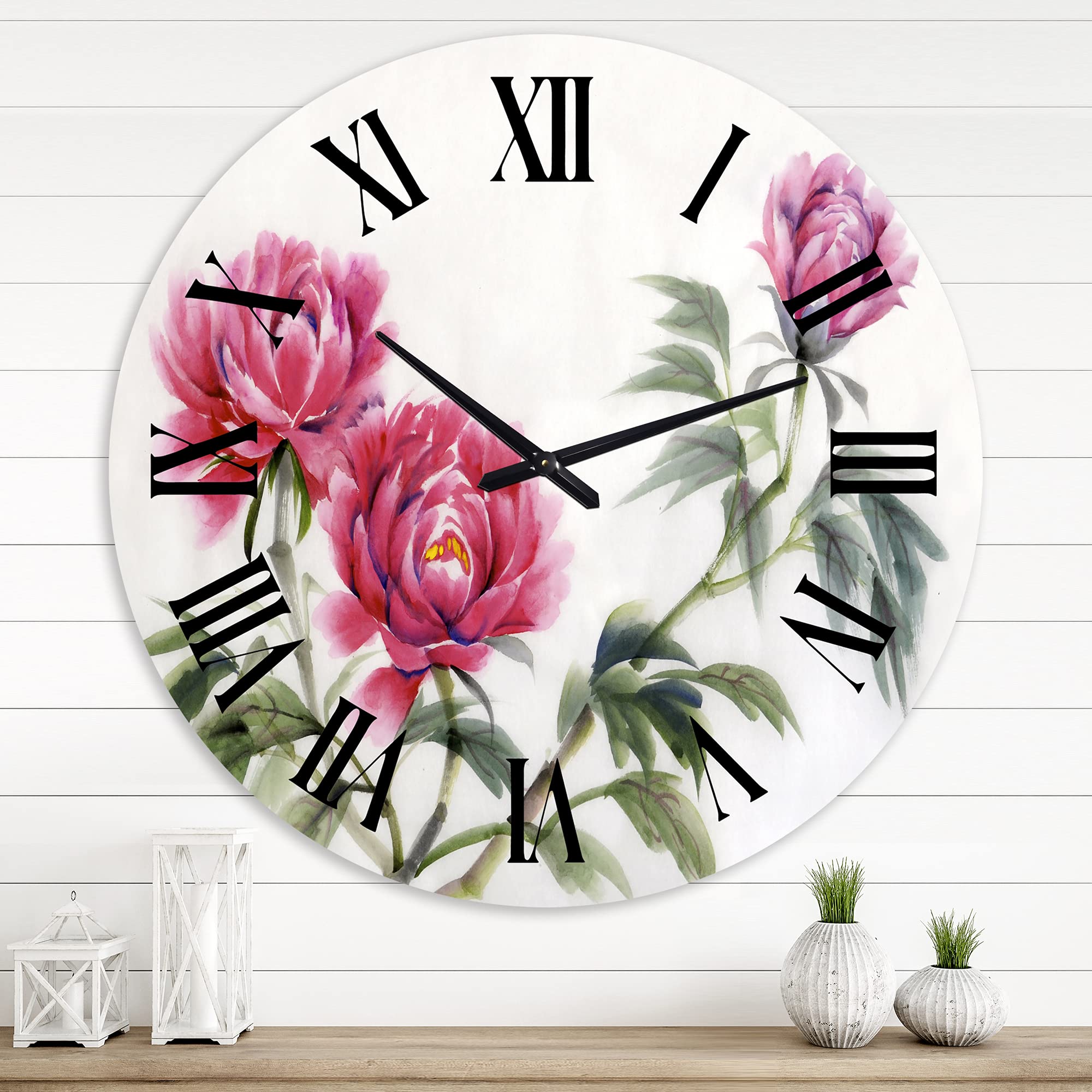DesignQ Traditional Wall Clock 'Three Vintage Peonies Flowers' - Large Floral & Botanical Wall Clock for Home, Office, Living Room Decor - Perfect for Farmhouse, Bedroom, Kitchen & Dining Room