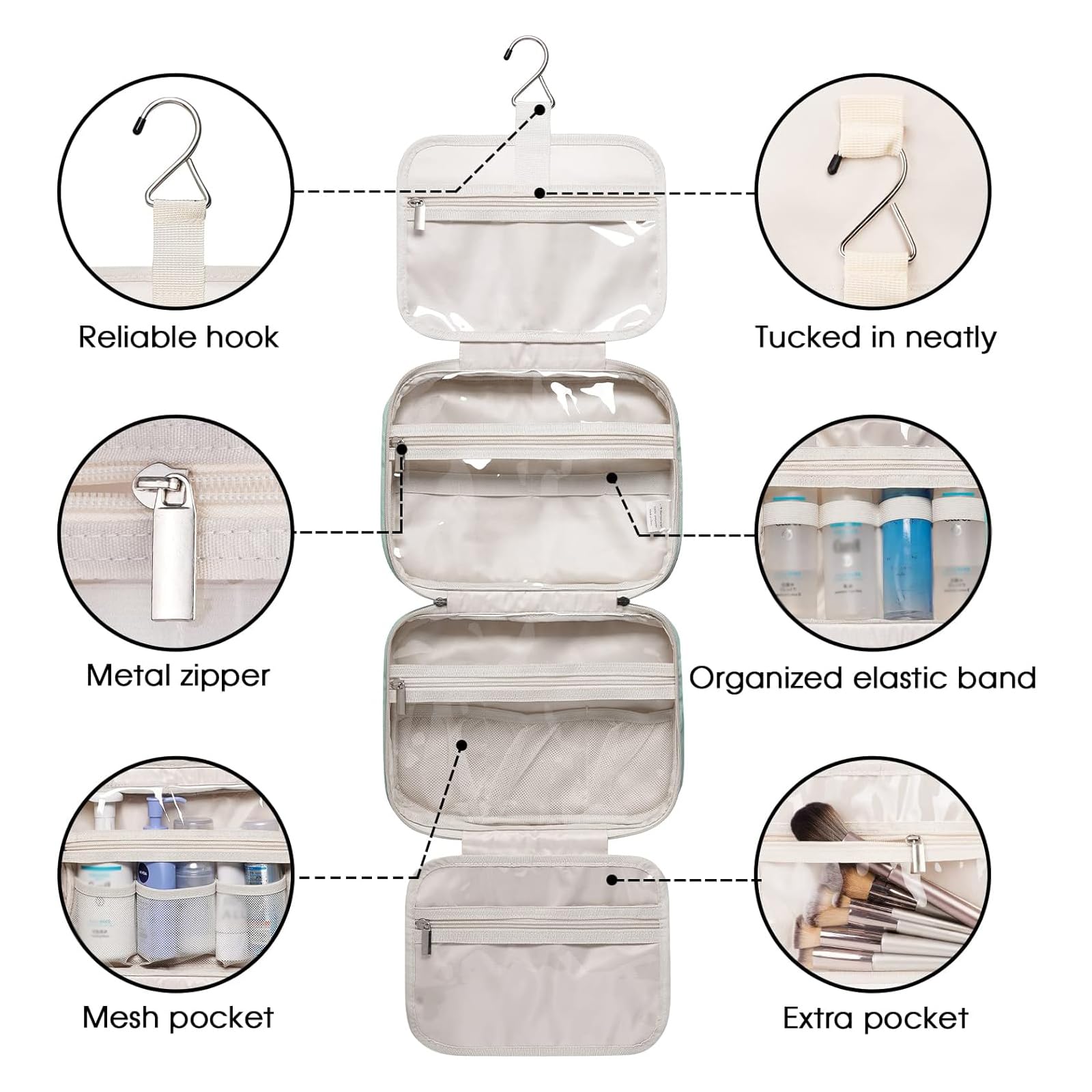 Narwey Hanging Toiletry Bag for Women - Travel Makeup Organizer with Multiple Pockets, Waterproof Cosmetic Bag for Toiletries & Essentials (Mint Green, Medium Size) | Perfect for Vacation, Gym, Camping & Business Trips