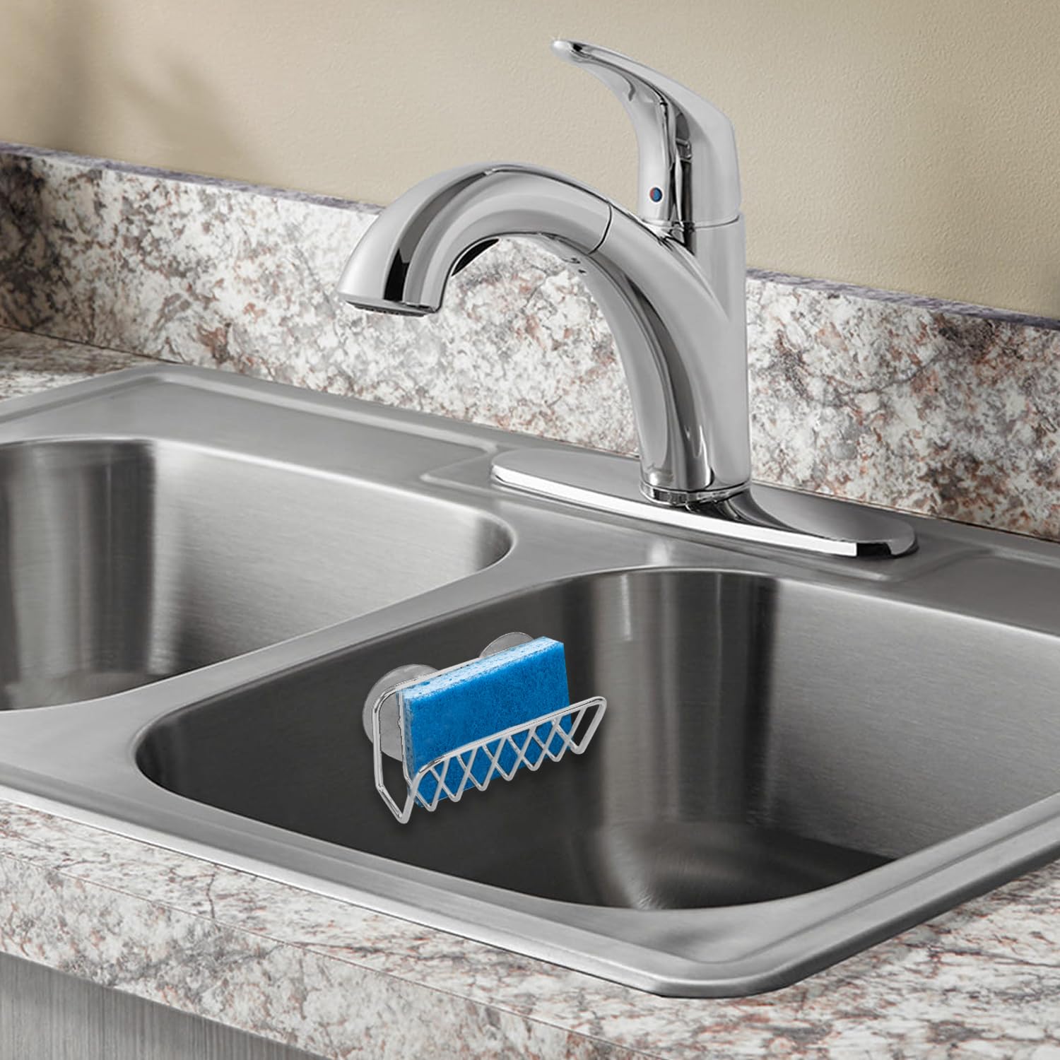 Home Basics Chrome Plated Steel Suction Cup Sponge Holder - Rustproof Kitchen Organizer for Dishes, Utensils & Cleaning Tools - Perfect for Sink, Shower & Bathroom Storage