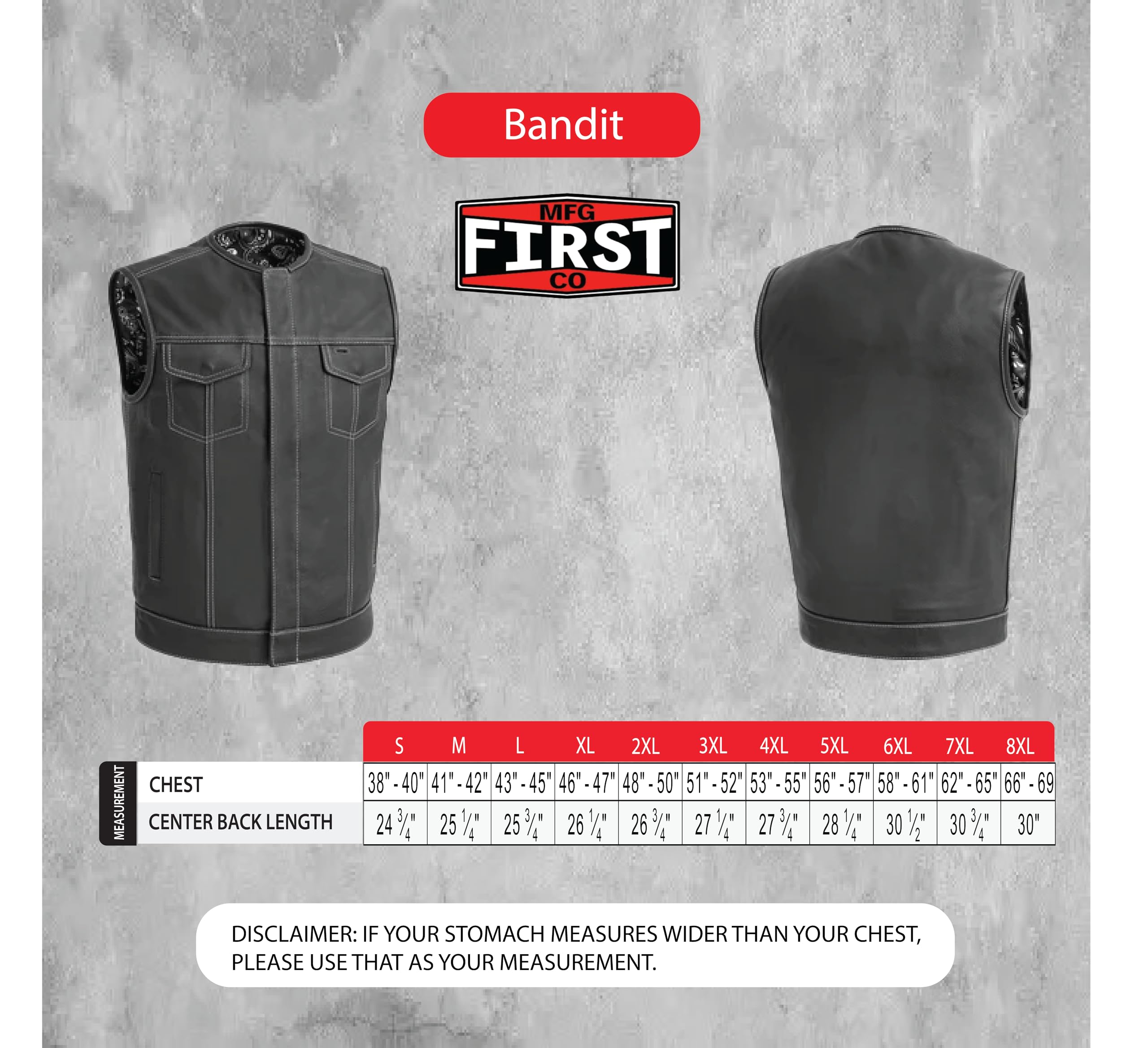 First Mfg Co Bandit Men's Motorcycle Leather Vest for Biker Riding - Durable & Stylish Leather Vest for Harley, Cruiser & Motorcycle Enthusiasts - Perfect for Riding, Events & Everyday Wear
