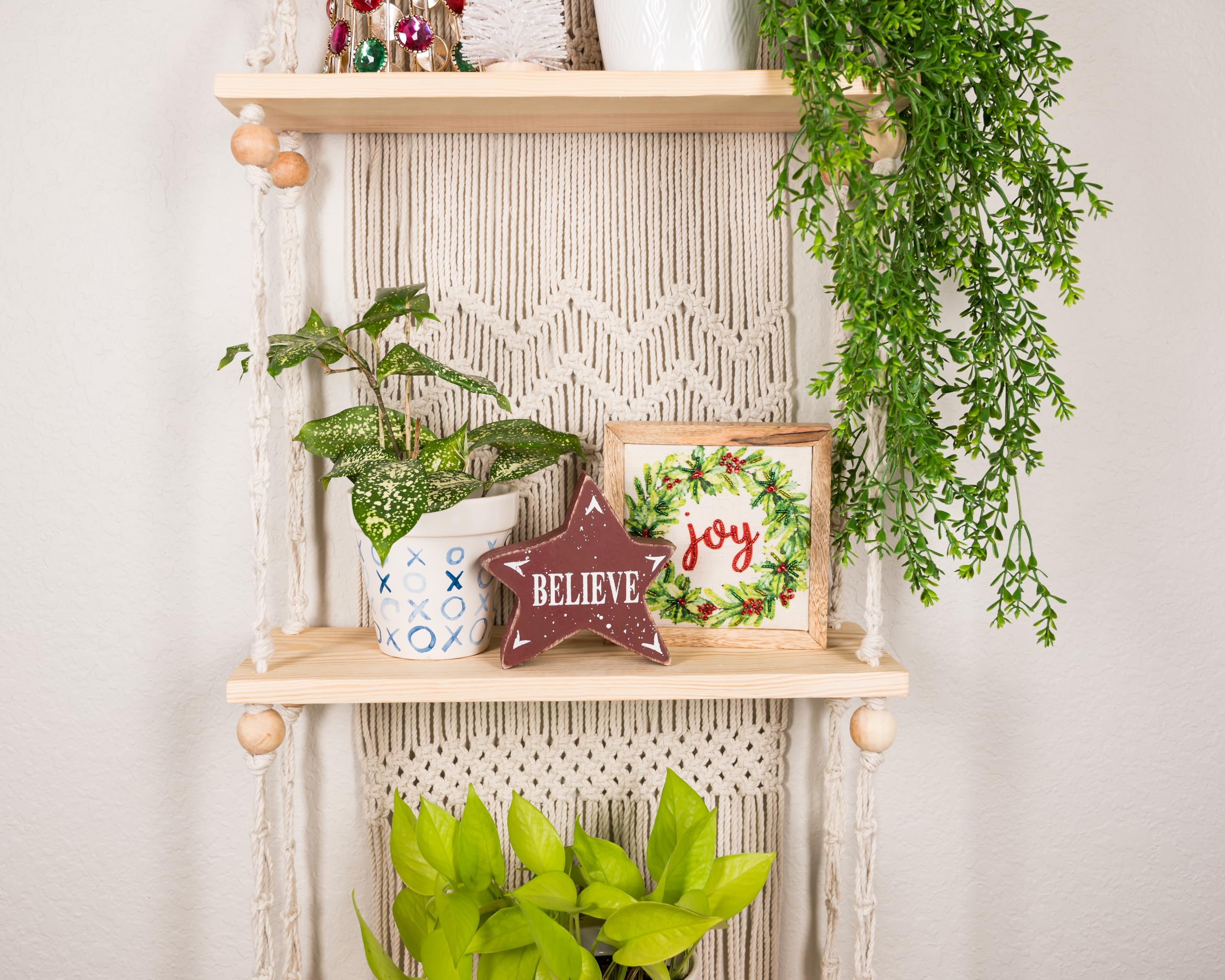 SnugLife 3-Tier Macrame Wall Hanging Shelf - Handmade Woven Rope Boho Floating Shelves for Plants & Home Decor | Perfect for Kitchen, Bathroom & Living Room Storage | Natural Pine Wood Organizer for Small Spaces & Apartment Decor