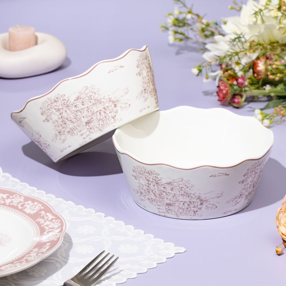 Eloise White & Pink Serving Bowl Set of 2 - Elegant Porcelain Bowls for Salads, Pasta, Desserts - Perfect for Dinner Parties, Family Gatherings & Holiday Entertaining