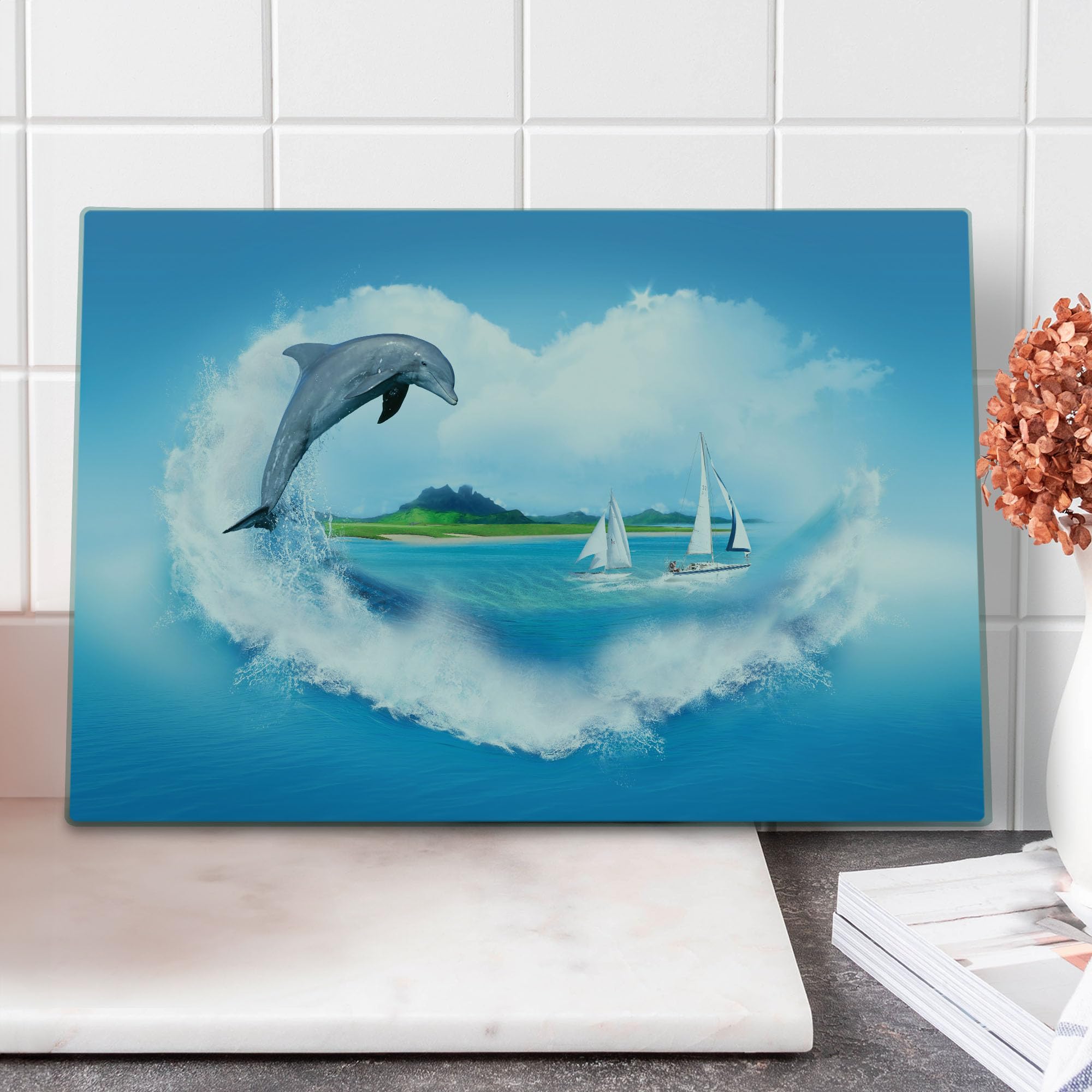 Lunarable Sea Animals Themed Heart-Shaped Tempered Glass Cutting Board - Large Blue & White Decorative Serving Board with Ocean Waves, Sailboats & Mountain Meadows Print - Perfect for Kitchen Prep, Charcuterie Display & Party Serving