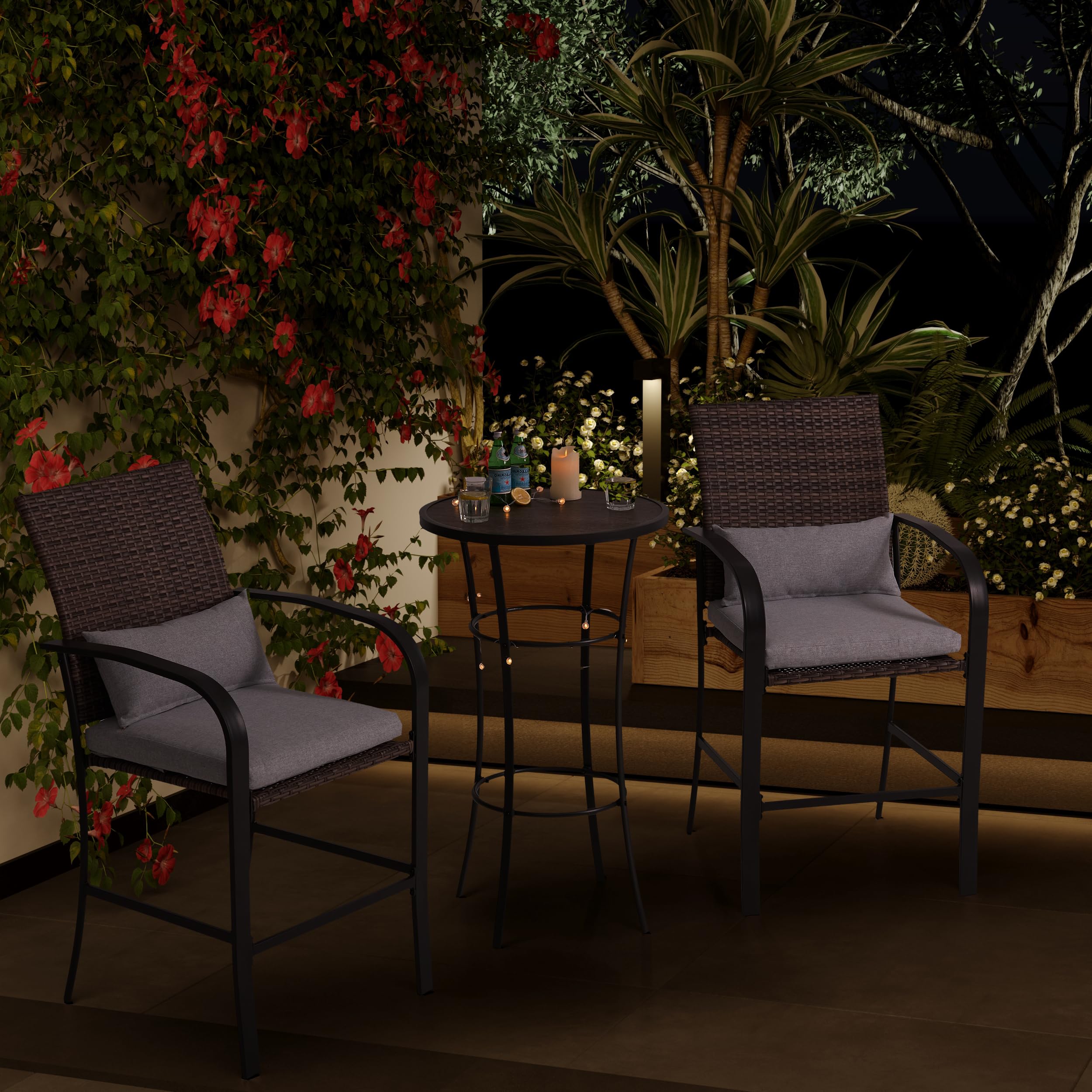 Outdoor Bar Table Set for 2 - Patio Bar Height Table & Chairs with Soft Cushions & Steel Frame in Khaki - Perfect for Backyard, Deck, Garden & Outdoor Entertaining