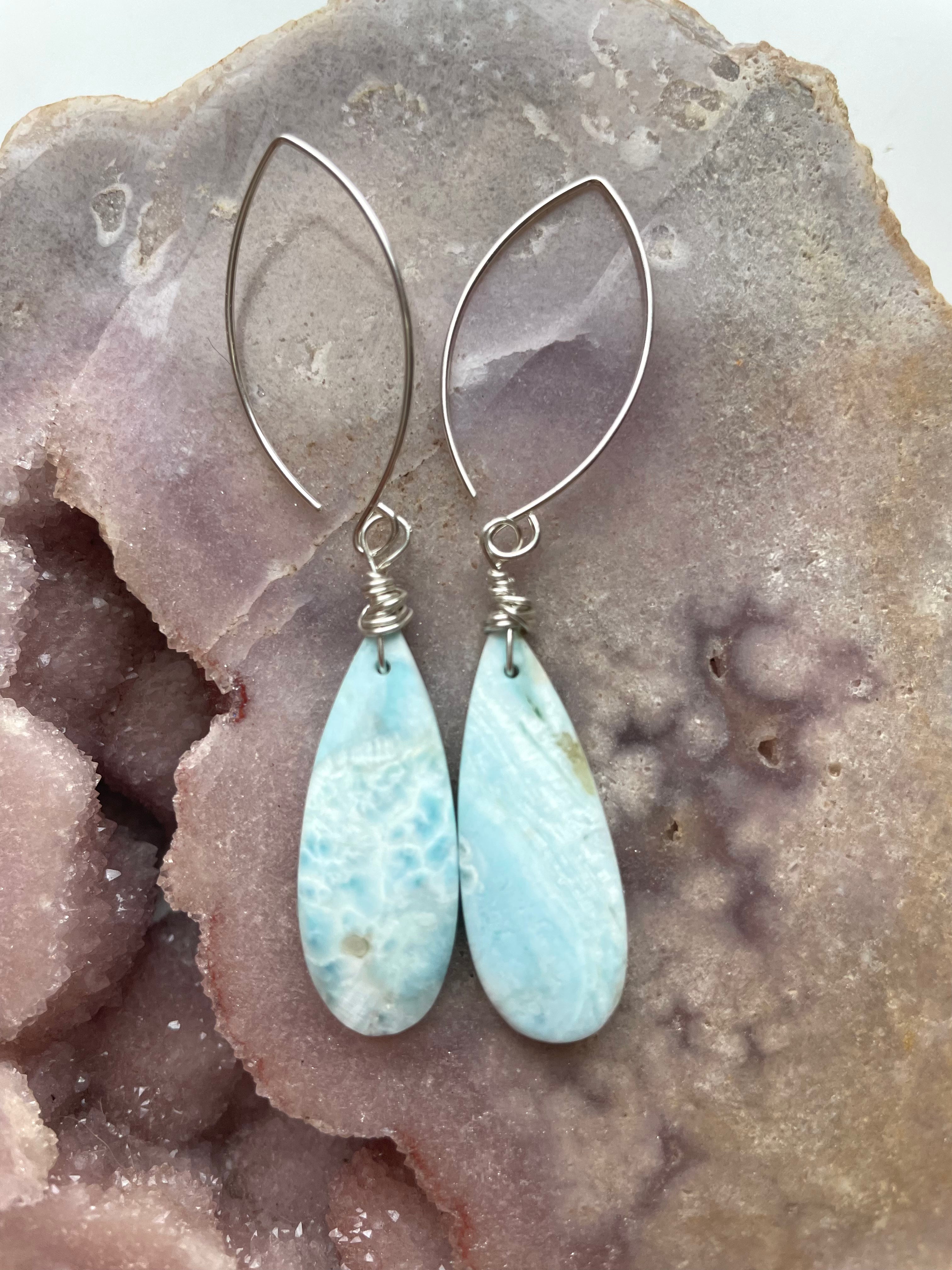 Long Larimar Earrings Dangle Sterling Silver – Handmade Blue Gemstone Jewelry for Women | Perfect for Weddings, Parties & Everyday Elegance
