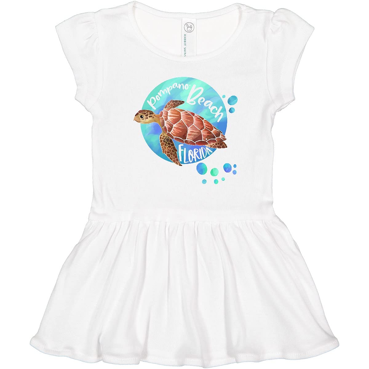 Inktastic Pompano Beach Florida Swimming Sea Turtle with Bubbles Toddler Dress - Cute Baby Girl Outfit for Beach Vacation, Summer Play & Casual Wear